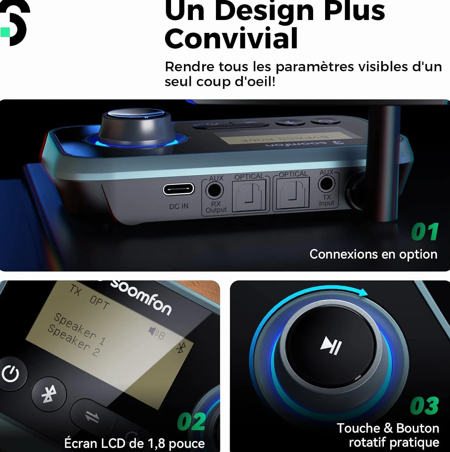 SOOMFON Émetteur Récepteur Bluetooth 5.0 avec Écran LCD, Adaptateur Audio 3 en 1 AUX/RCA/Jack 3.5mm/Optique