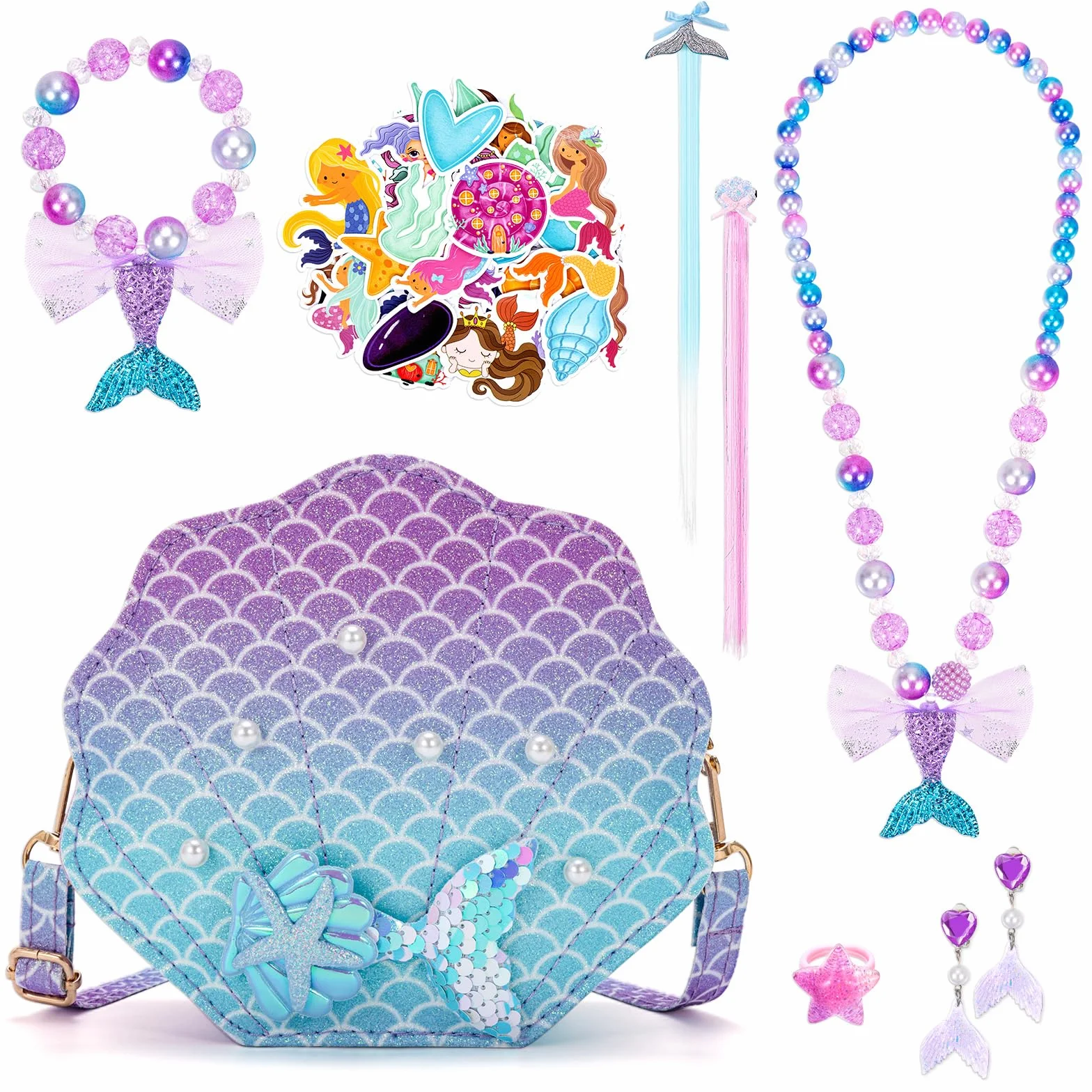 Sirènes Sac à Main Bijoux Enfants Fille, Coquillage Sac Bandoulière Princesse Set Collier Bracelet Bague Boucles d'oreilles