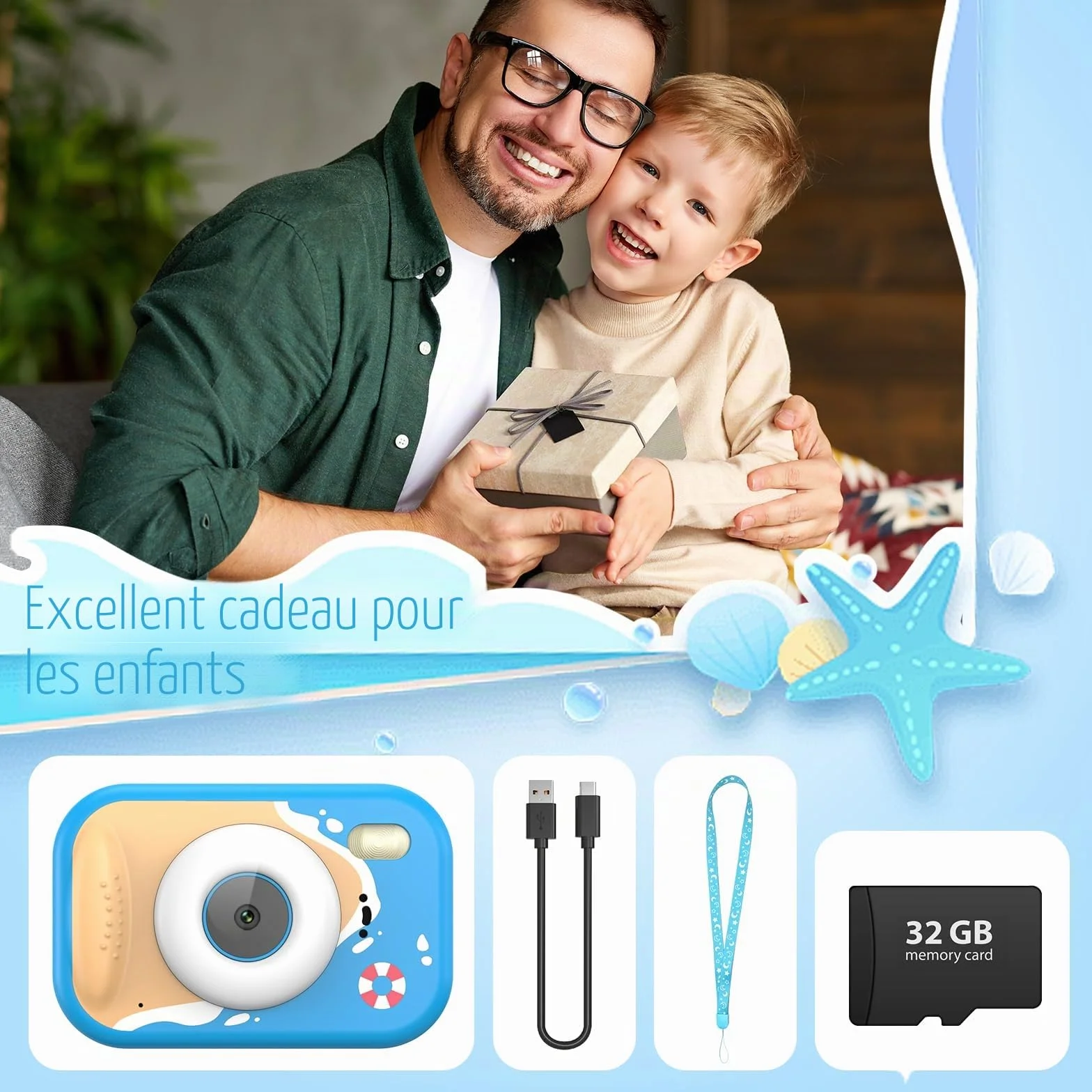 Appareil Photo Enfant Étanche 48MP 1080P Caméra sous-Marine 2,4 Pouces LED Flash Carte TF 32 Go Bleu