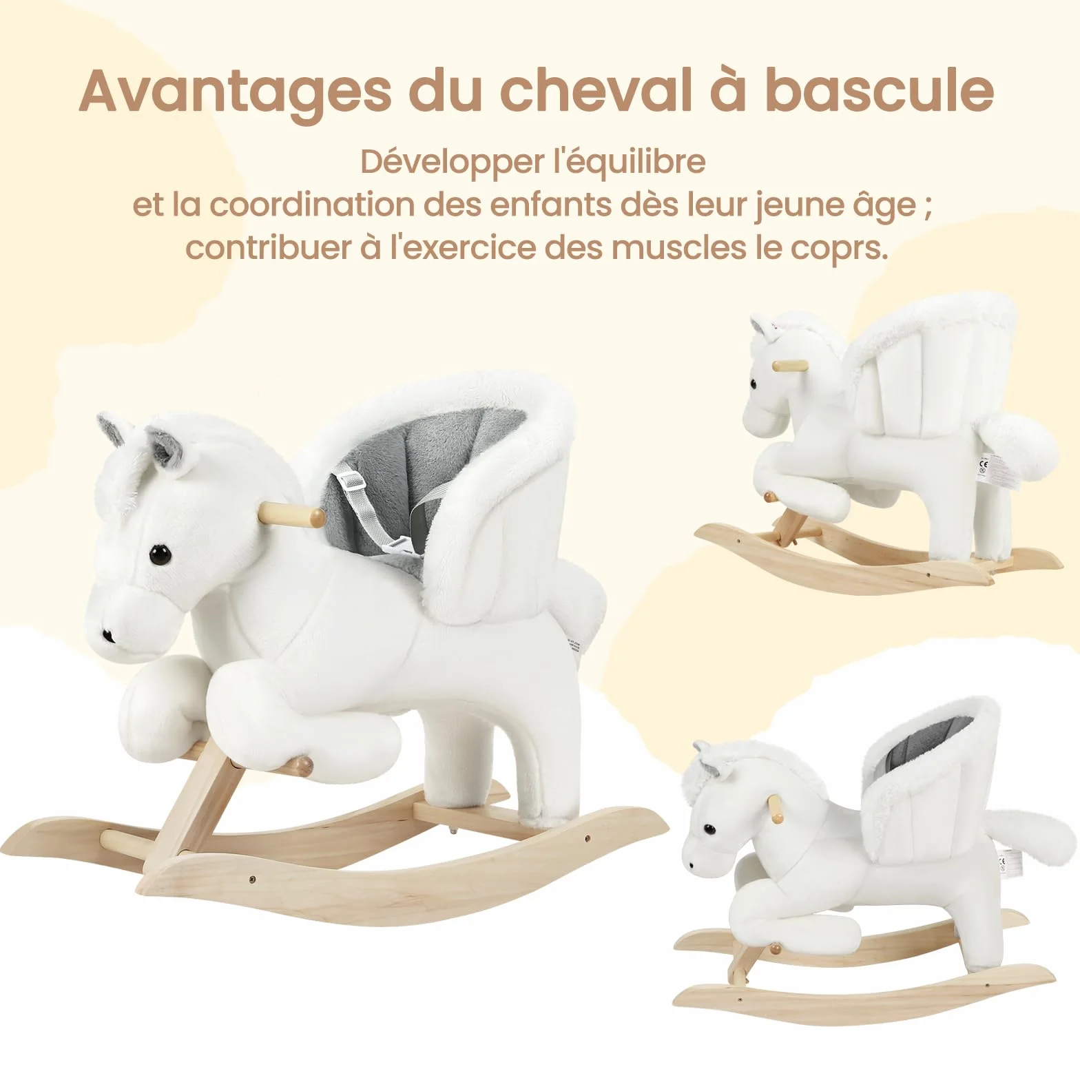 WOLTU Cheval à Bascule en Peluche, Animal à Bascule pour 1-3 Ans, Ceinture de Sécurité Effet Sonore Blanc Gris