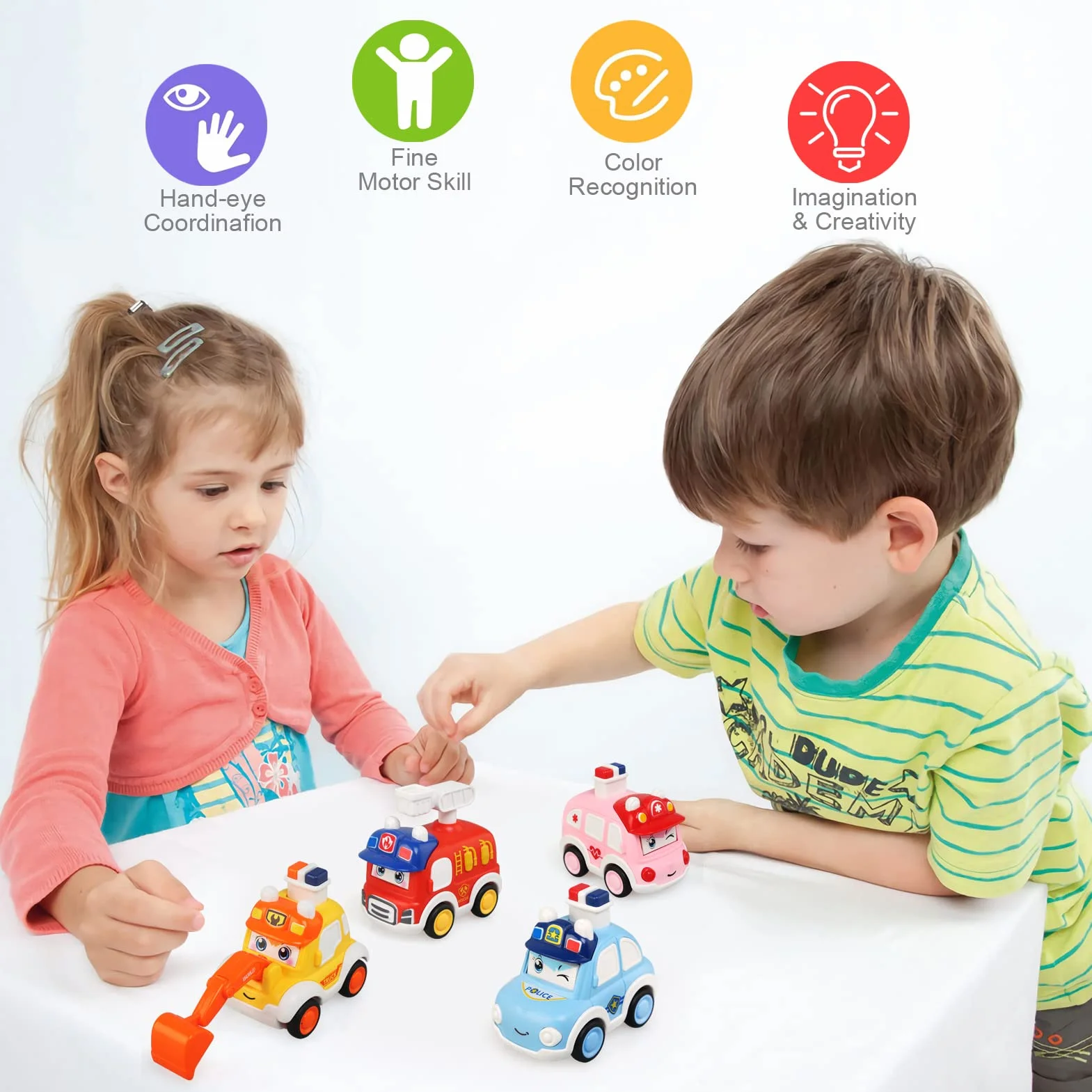 JoyPlus Voiture Bebe 1 An, 4 Pièces Petite Voiture Enfant 2 Ans, Press and Go Véhicules Jouet à Friction pour Enfants