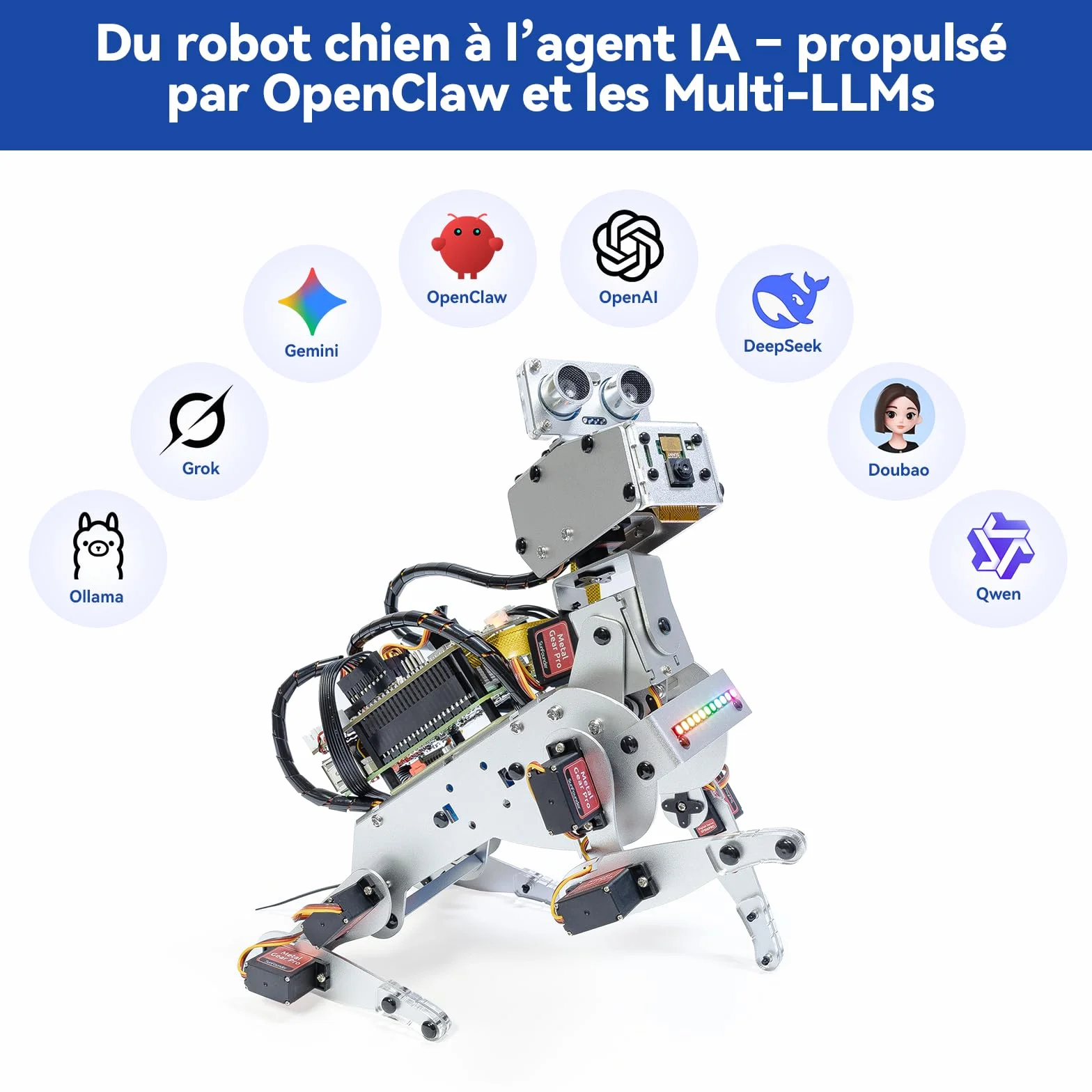 SUNFOUNDER PiDog Kit Robot Chien IA pour Raspberry Pi 5/4/3B+/Zero 2W, OpenClaw LLMs ChatGPT/Gemini/Grok, Reconnaissance vocale et vidéo, Python, App, Batterie, Gyroscope, Caméra (RPI Non Inclus)