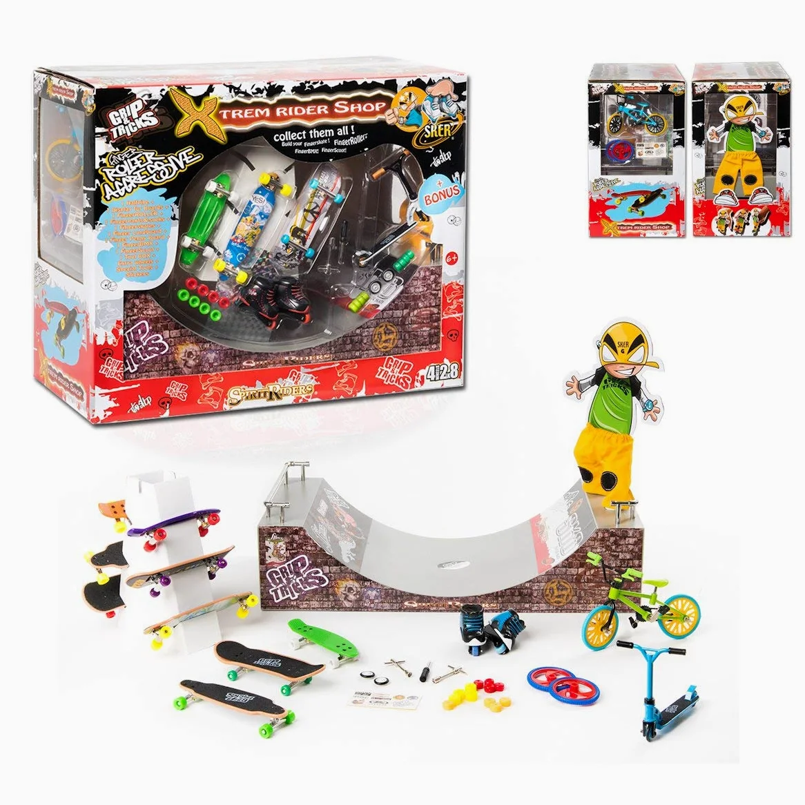 Grip and Tricks - Coffret Xtrem Rider avec 3 Finger Skates 1 Mini Vélo Freestyle 1 Paire de Finger Roller Skates 1 Finger Scooter 1 Rampe Halfpipe et Accessoires - Jouets à Doigt 25 pièces dès 6 Ans
