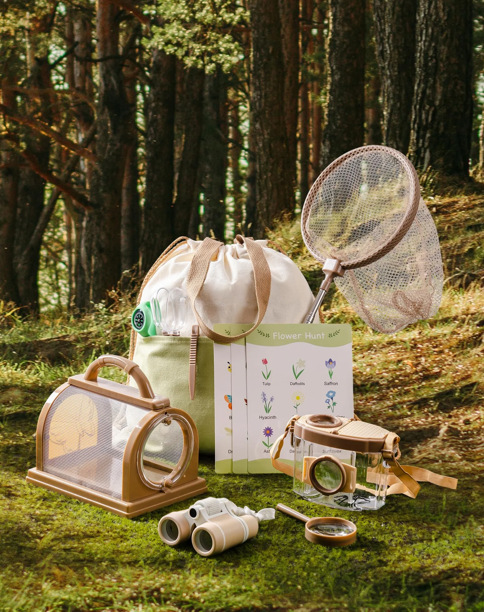 ROBOTIME Kit d'explorateur et attrape-insectes 12 en 1, ensemble d'aventure en plein air avec jumelles, filet à papillon, boîte à insectes, loupe