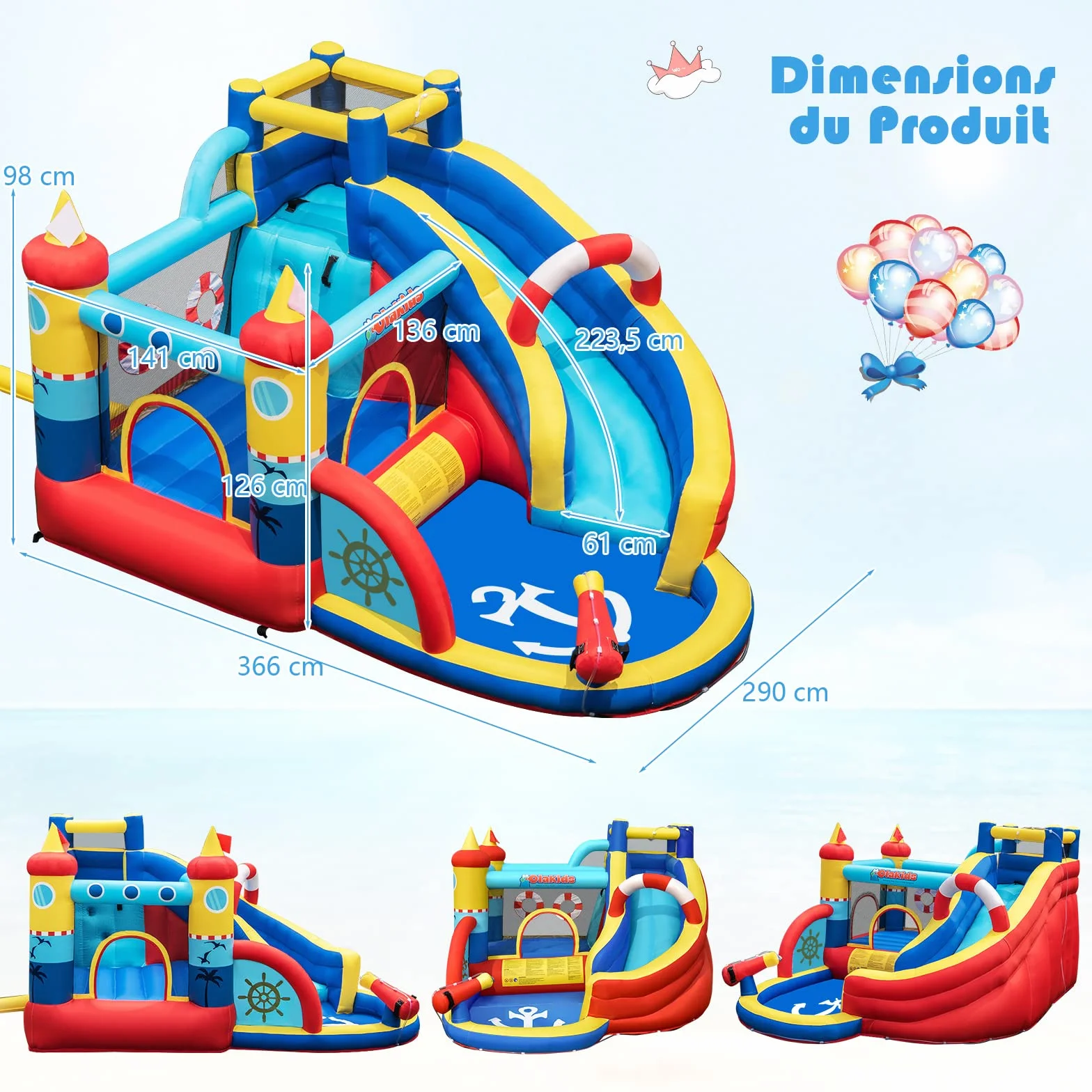 GOPLUS Château Gonflable Pirate avec Toboggan Pistolet à Eau Trampoline Aire de Jeux Gonflable Piscine Mur d'escalade pour Enfants 3-12 Ans 120KG Souffleur 450W