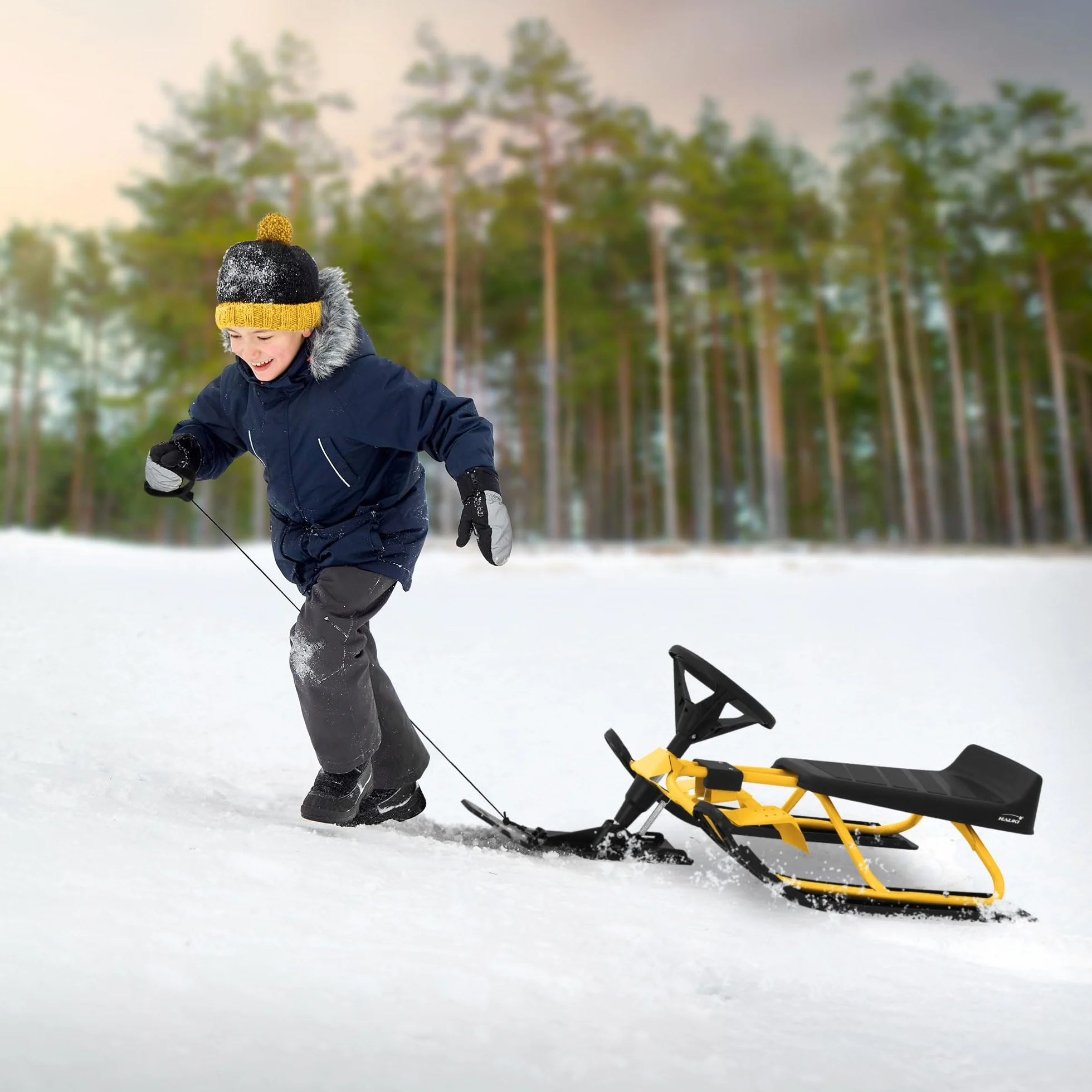 ECD Germany Lenkschlitten, Kinderschlitten Rodel AB 5 Jahre, Skibob für Kinder und Erwachsene BIS 90 kg, Schlitten mit Lenkrad, Fußbremse, Zugseil, Sitz mit Rückenlehne, Stahlrahmen, 119 x 38 x 50 cm