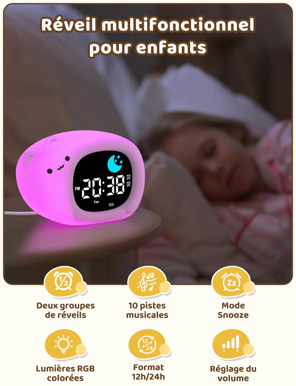 YISSVIC Réveil Enfant Educatif Jour Nuit 2 Alarme 12/24 Heure Snooze Luminosité Réglable 7 Couleurs 10 Chansons Chat