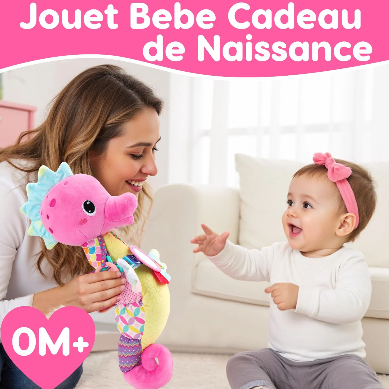 Jouet Bebe 0-12 Mois, Cadeau Naissance Fille Garcon avec Hochet Anneau Dentition Miroir, Jeux Eveil Musical Sensoriel