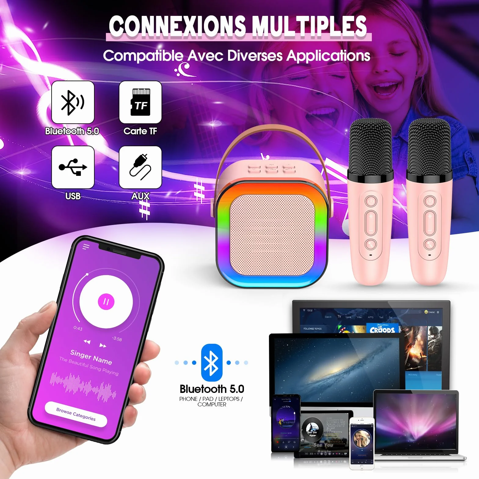 Micro Karaoke Enfant Sans Fil Bluetooth Jouet pour Chanter Anniversaire Fille 3-12 Ans