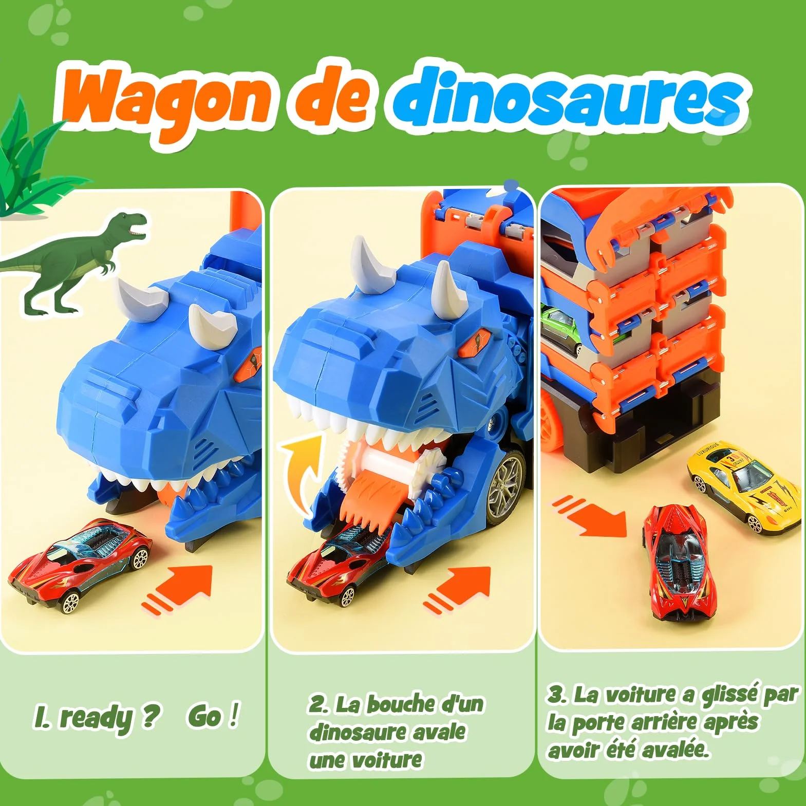 Camion Dinosaure Jouet Enfant 2-6 Ans 150 CM Transport avec 6 Mini Voitures