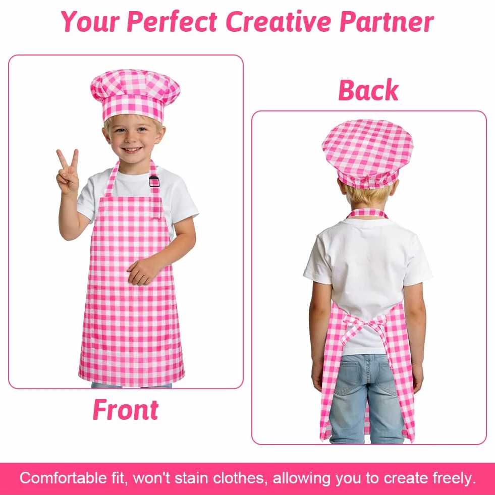 DiULi Ensemble Tablier et Toque de Chef pour Enfants, Tablier de Cuisine Réglable avec 2 Poches