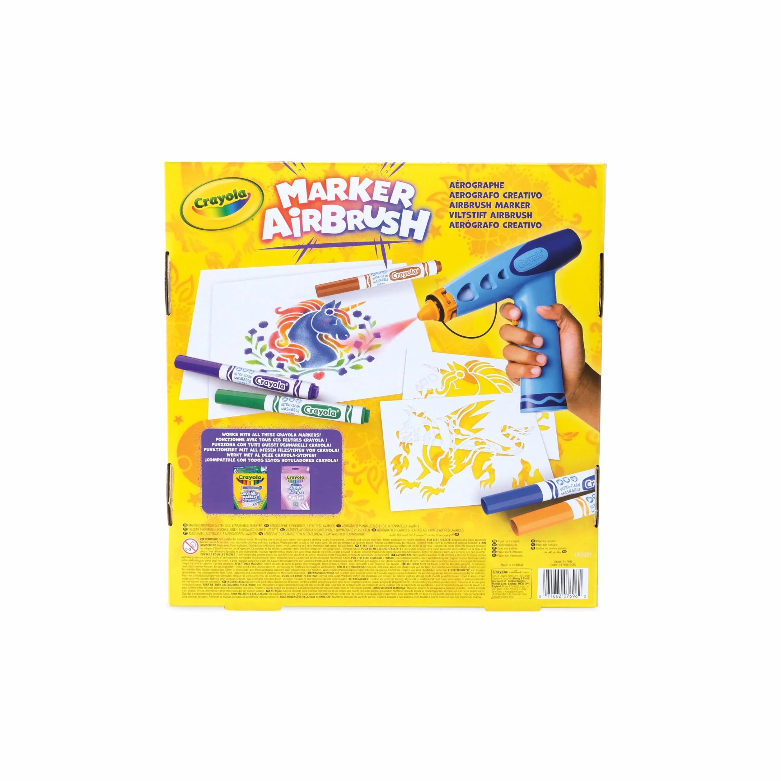 CRAYOLA Airbrush Marker Créatif pour Enfants avec 8 Feutres Lavables et 5 Pochoirs, Jouet Éducatif, 6 Ans