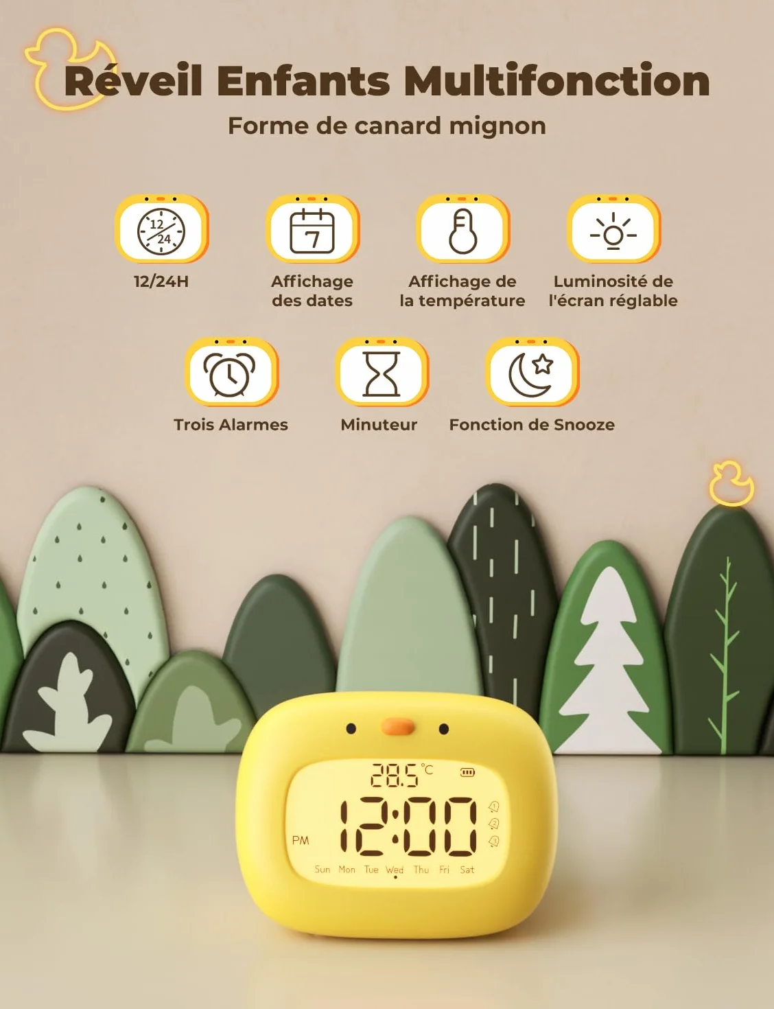 YISSVIC Réveil Enfant Numérique 3 Alarmes 12/24 Heure Snooze Minuterie Affichage Semaine Type C Rechargeable Forme Canard