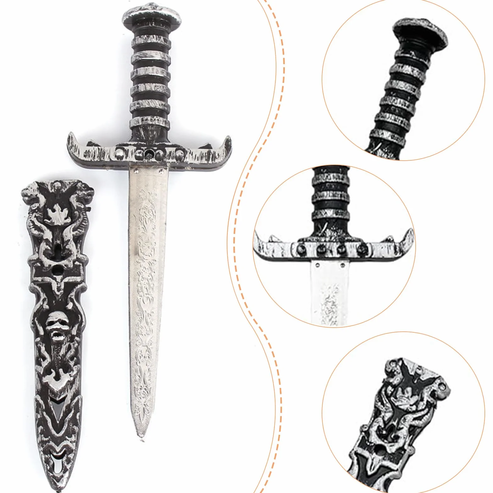 HORREX Faux Couteau en Plastique, Epee Court de Pirate, Dague en Argent Style Antique pour Halloween