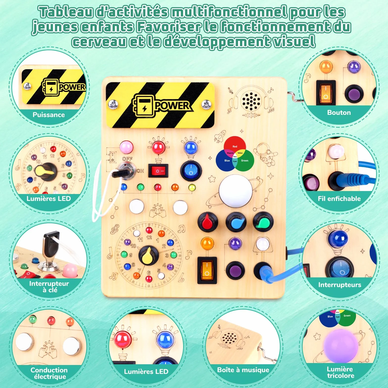 Montessori Busy Board 1 an Enfants Activity Board Jouets en Bois avec 12 Interrupteurs 24 Lumières LED Sensory Learning Toys Jeu Montessori Jouet Enfant Bebe 1 2 3 Ans Cadeau