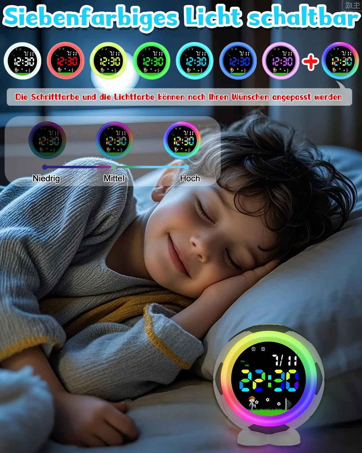 Juboos Réveil Numérique Enfant Multicolore Veilleuse Snooze 6 Sonneries 12/24H Cadeau Rentrée 4-15 Ans
