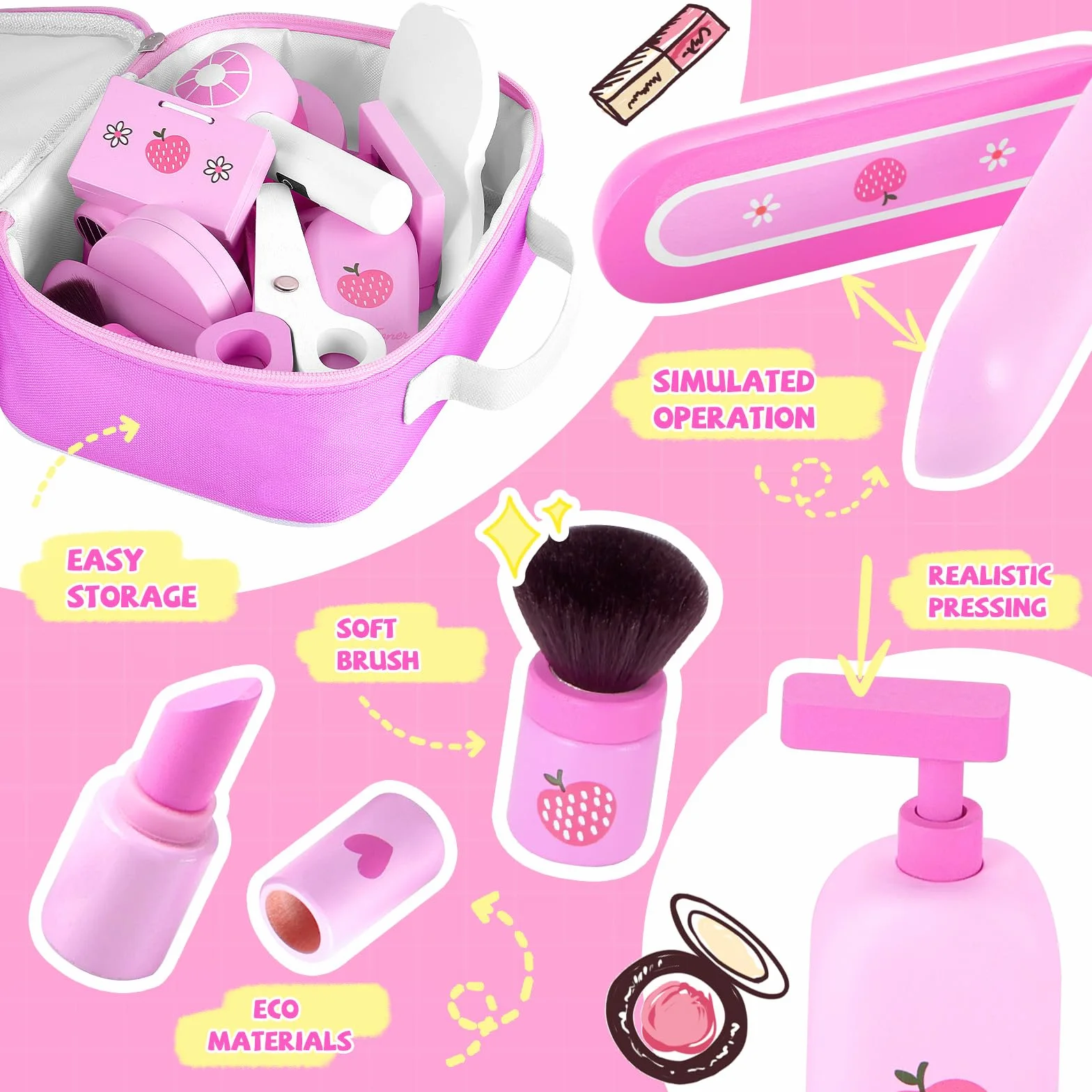 GAGAKU Set de Maquillage en Bois pour Enfants Montessori Jouets Makeup avec Sèche-Cheveux Miroir