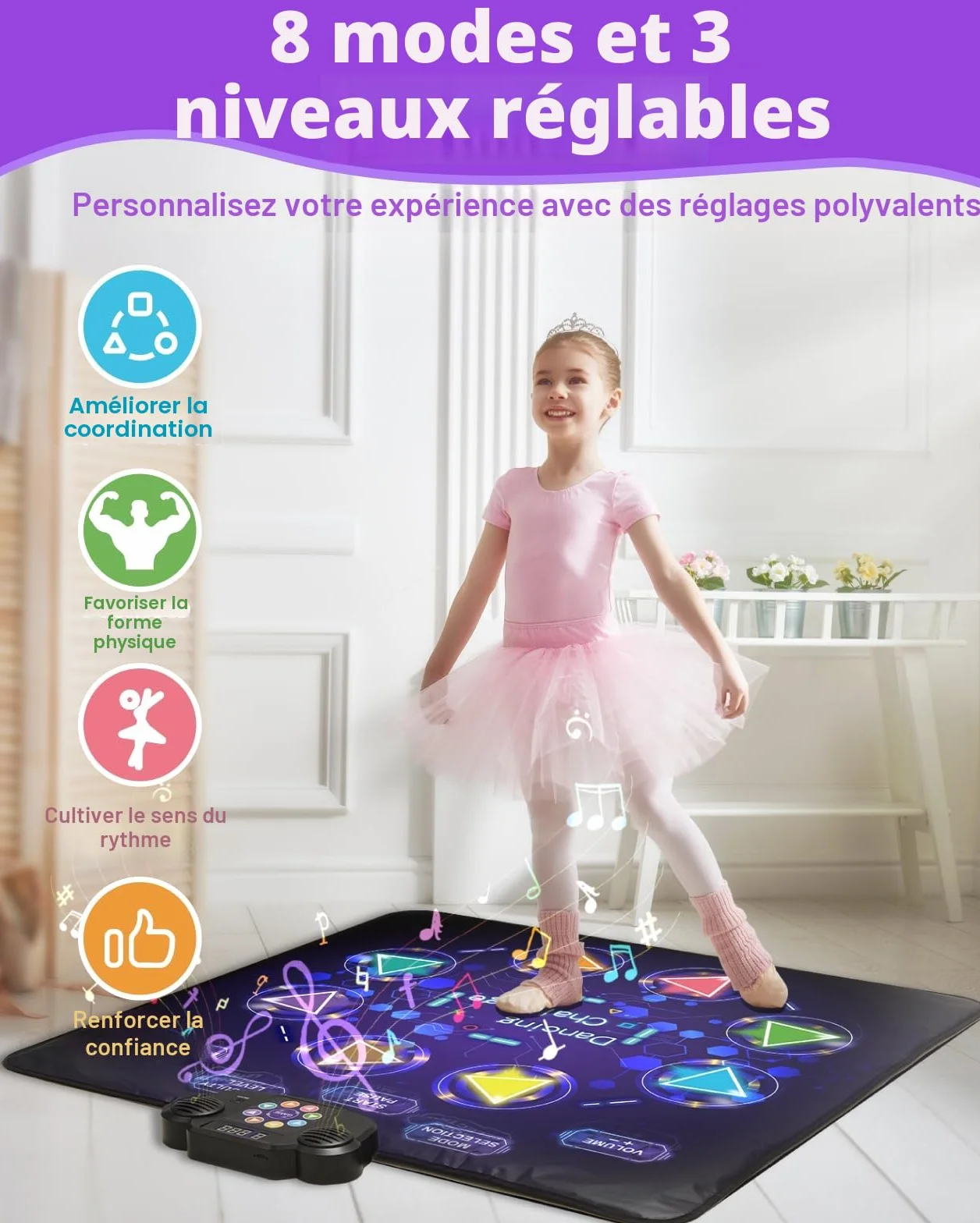 Gleamkid Tapis de Danse Bluetooth pour Enfants, Lumineux 8 Flèches, 8 Modes, 3 Niveaux, Volume Réglable