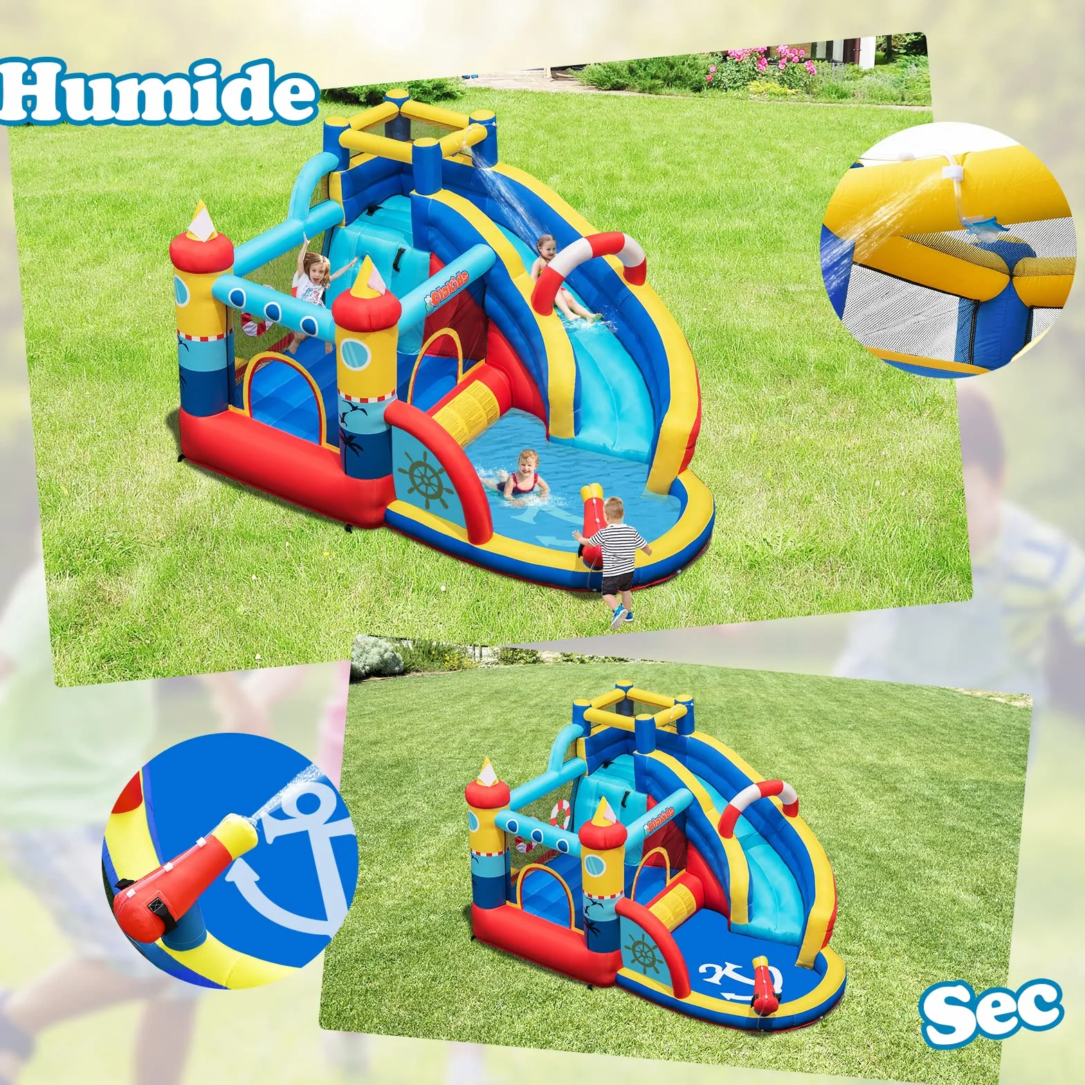 GOPLUS Château Gonflable Pirate avec Toboggan Pistolet à Eau Trampoline Aire de Jeux Gonflable Piscine Mur d'escalade pour Enfants 3-12 Ans 120KG Souffleur 450W