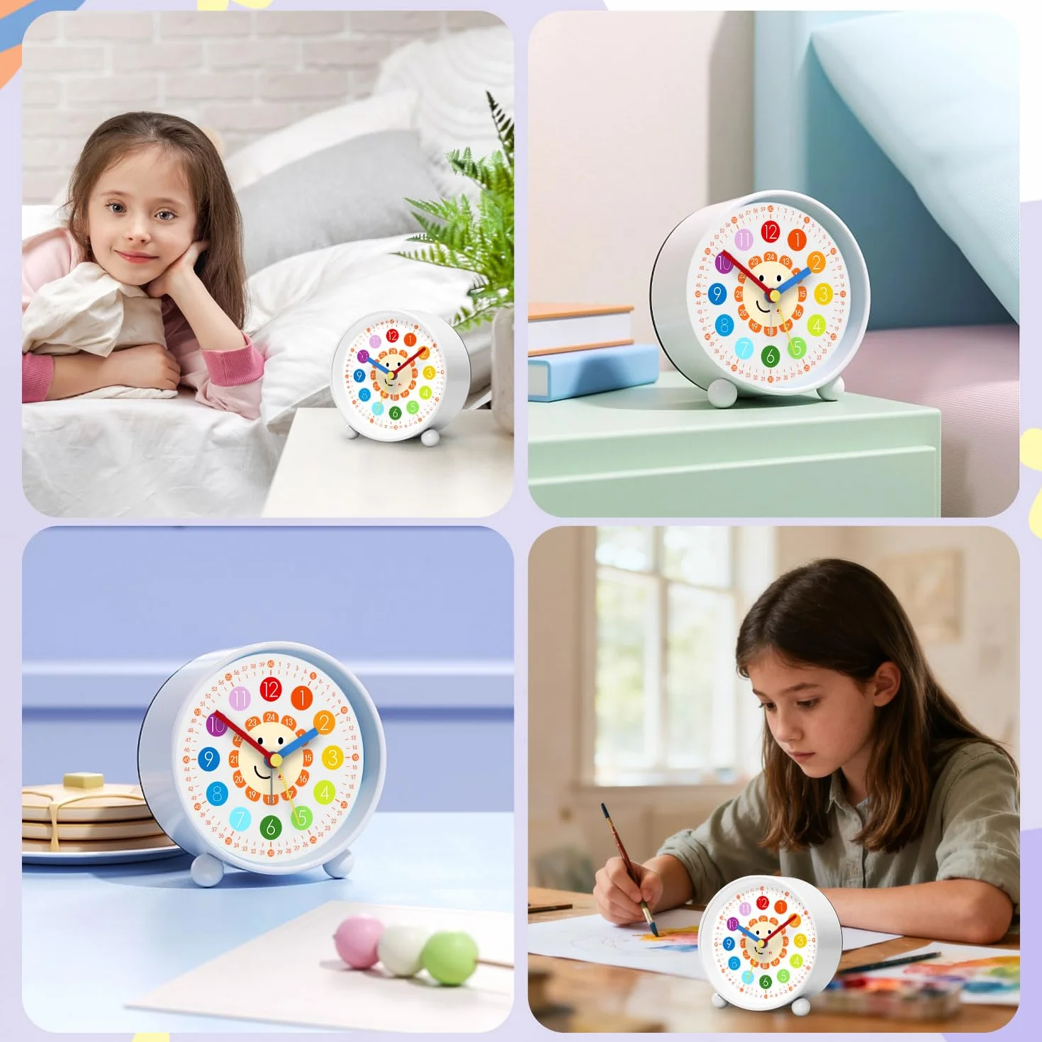 Réveil Enfant Silencieux sans Tic-Tac Analogique pour Apprentissage Horloge Éducative Garçons Filles Facile à Lire Cadeau Noël Anniversaire