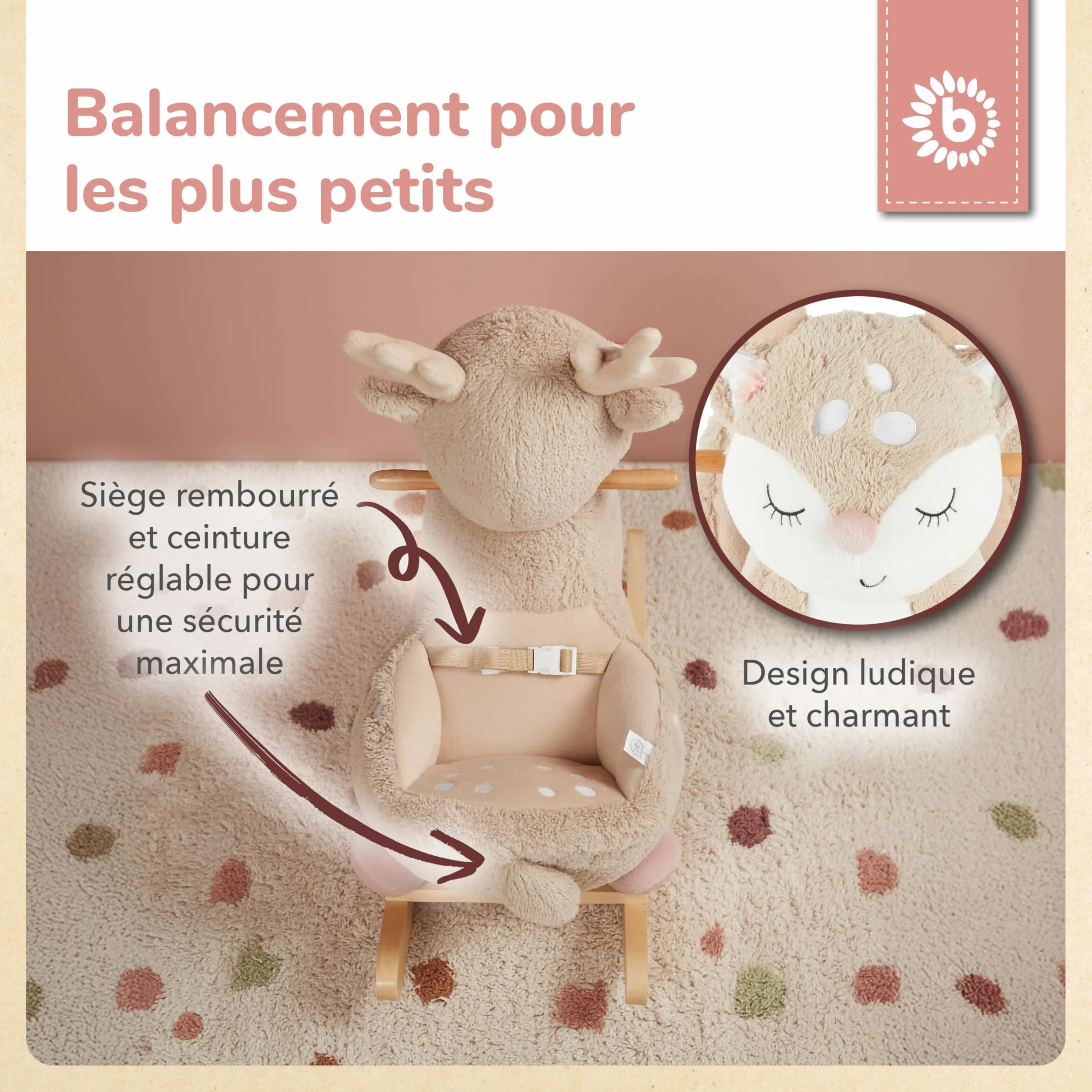 Bieco Lapin à bascule en peluche 60 cm avec ceinture de sécurité pour enfant dès 9 mois