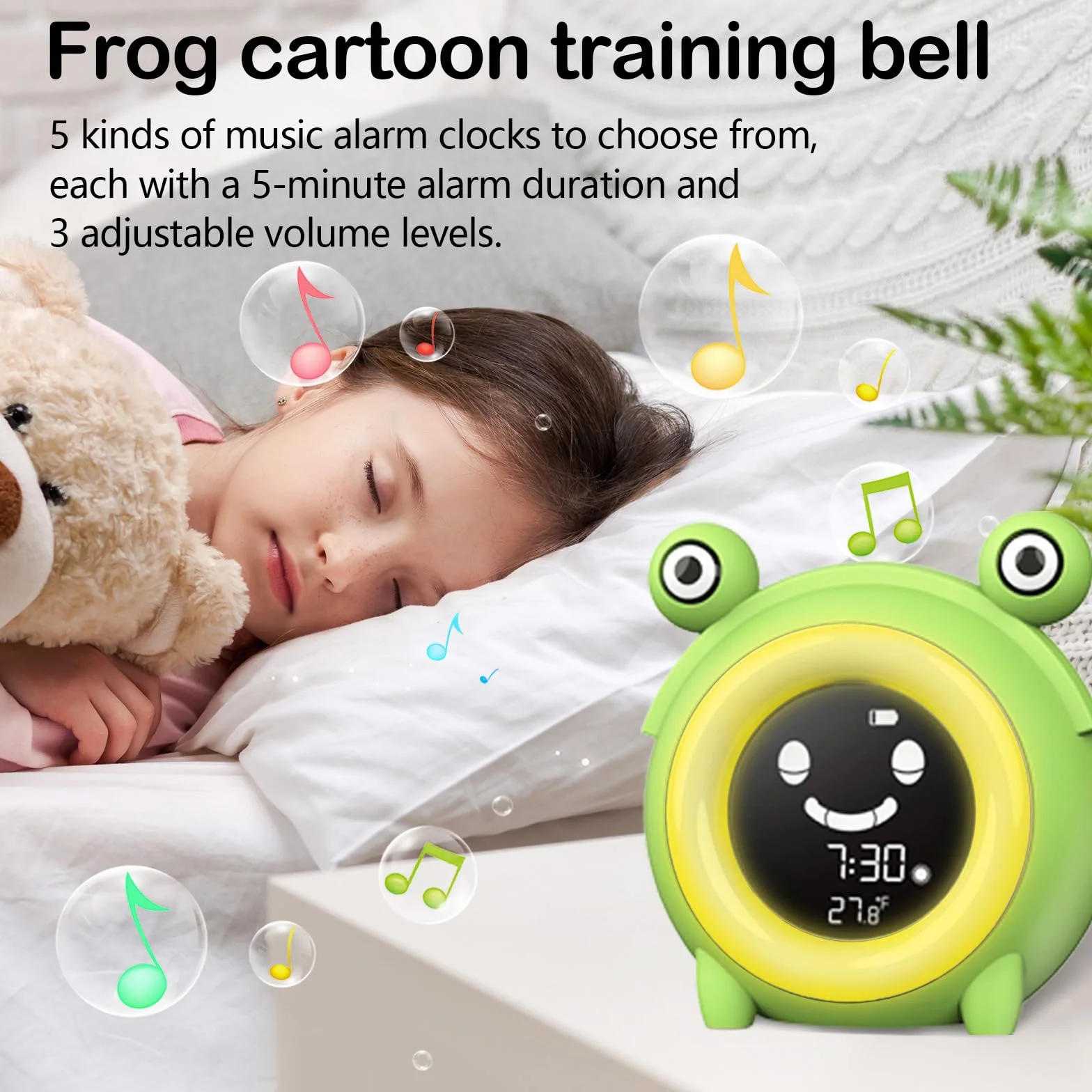 Réveil Enfant Éducatif Jour Nuit avec Emoji, Lampe de Chevet LED 5 Couleurs, Musique, Température, Snooze pour 2-10 Ans