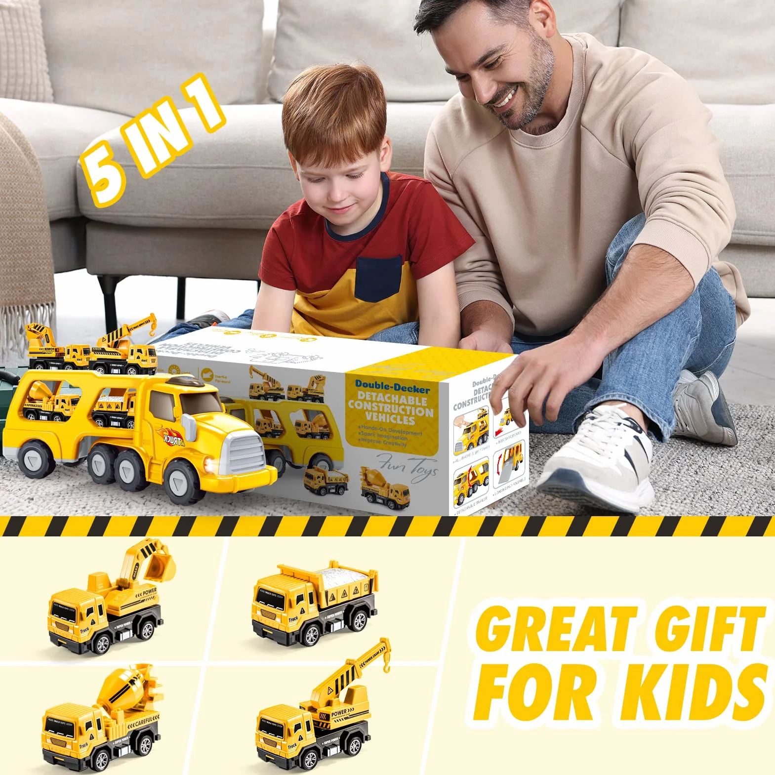 EUCOCO Camion Jouet Enfant 1-6 Ans, Cadeau Garçon, Petite Voiture Jaune