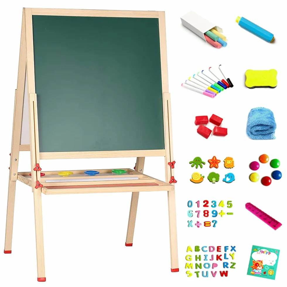Tableau noir double face Chevalet Enfant en Bois Réglable en Hauteur avec Craie Aimants Jouet Educatif 3+ Ans 57x55x148CM