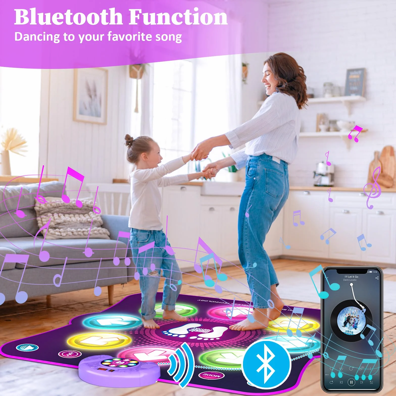 Tapis de Danse pour Enfants LED Musique 8 Flèches Lumière 6 Modes de Jeu Batterie Cadeau Noël 3-12 Ans
