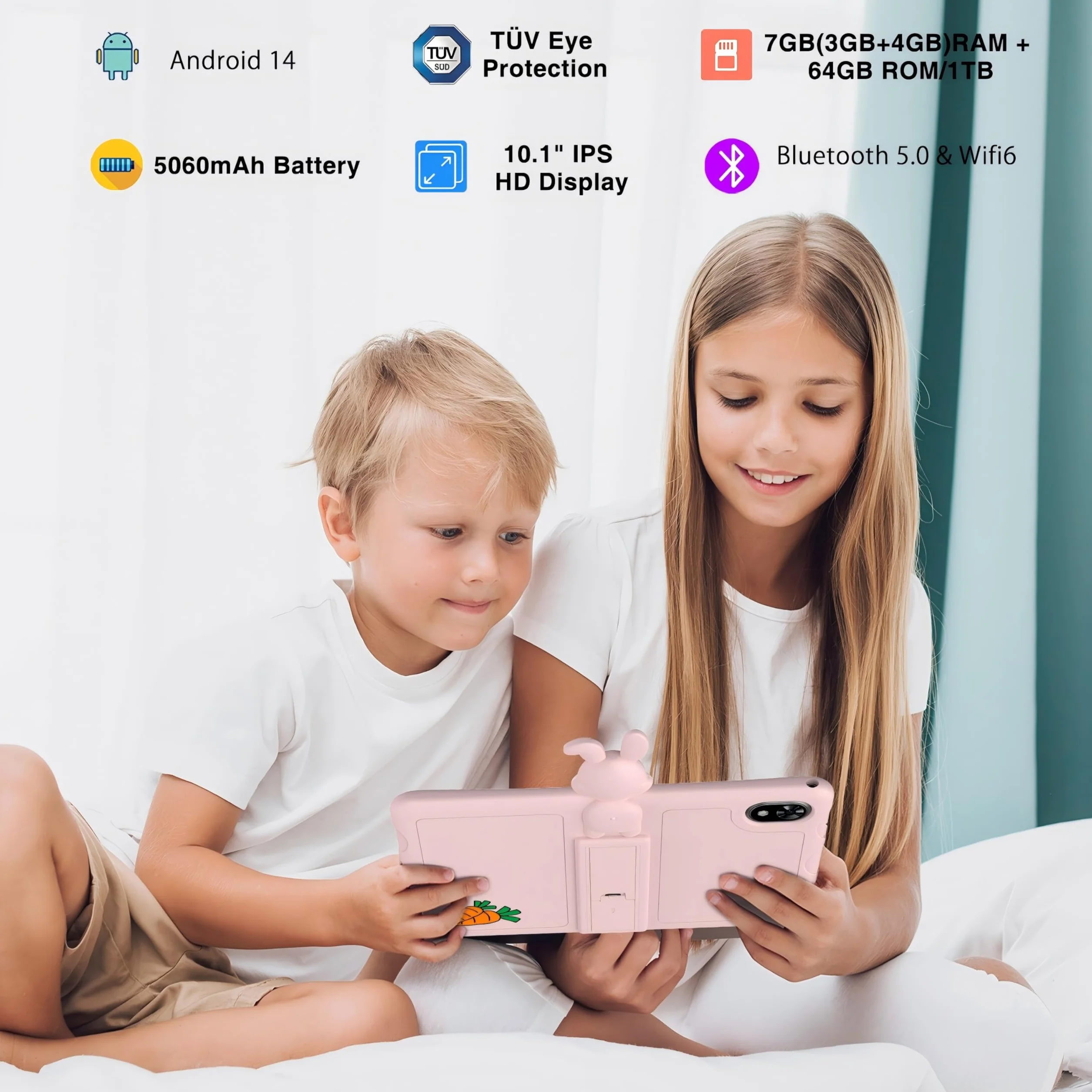 U9 Kid Tablette Enfants 10,1 Pouces Tablette Android 14, 7 Go + 64 Go (TF 1 to), Tablette éducative, Quad Core, 5060 mAh, WiFi 6, BT5.0, Tablette avec étui EVA