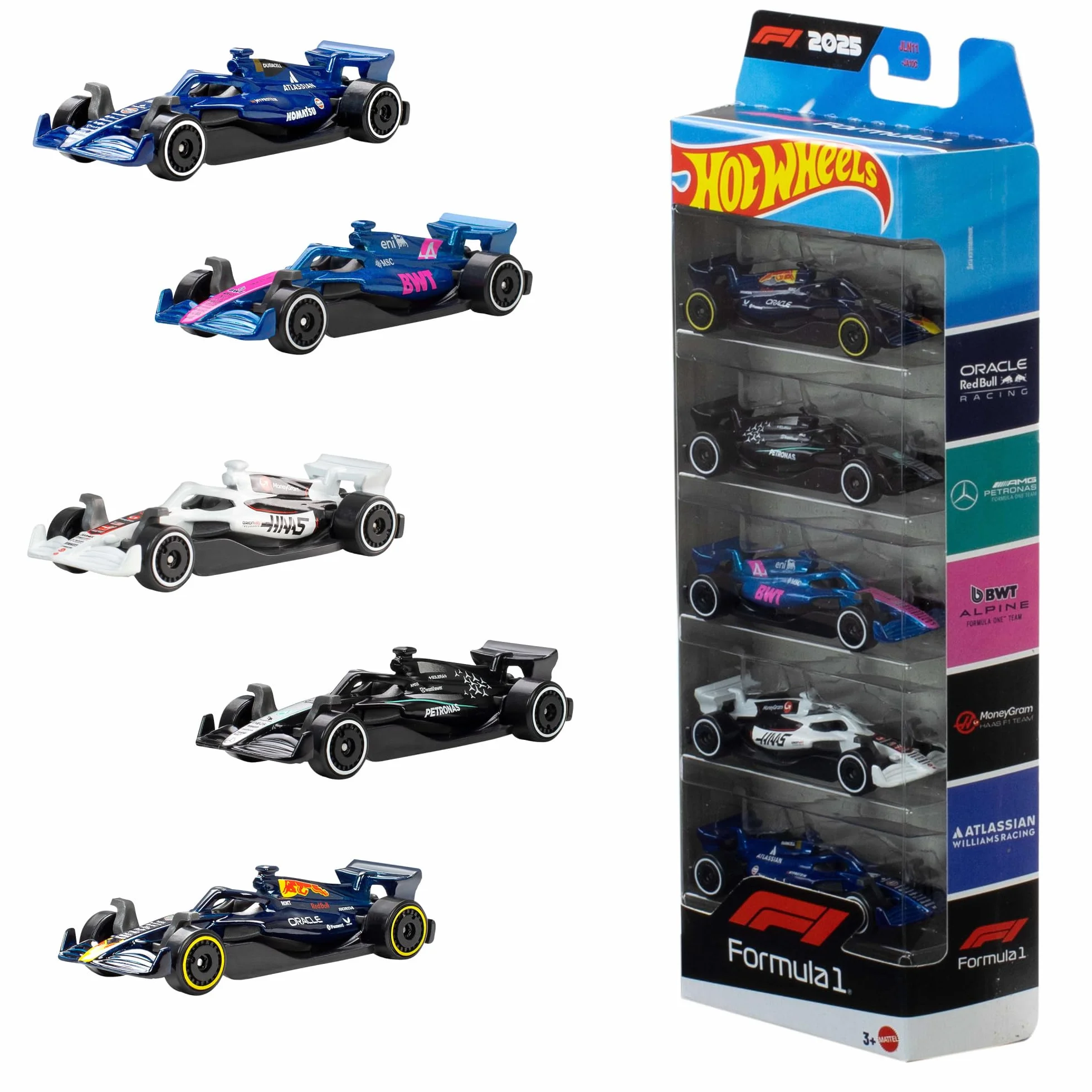 Hot Wheels Coffret 5 Voitures de Course Échelle 1/64 Modèles Réduits Métal Moulé Formule 1® Officiel JLN11