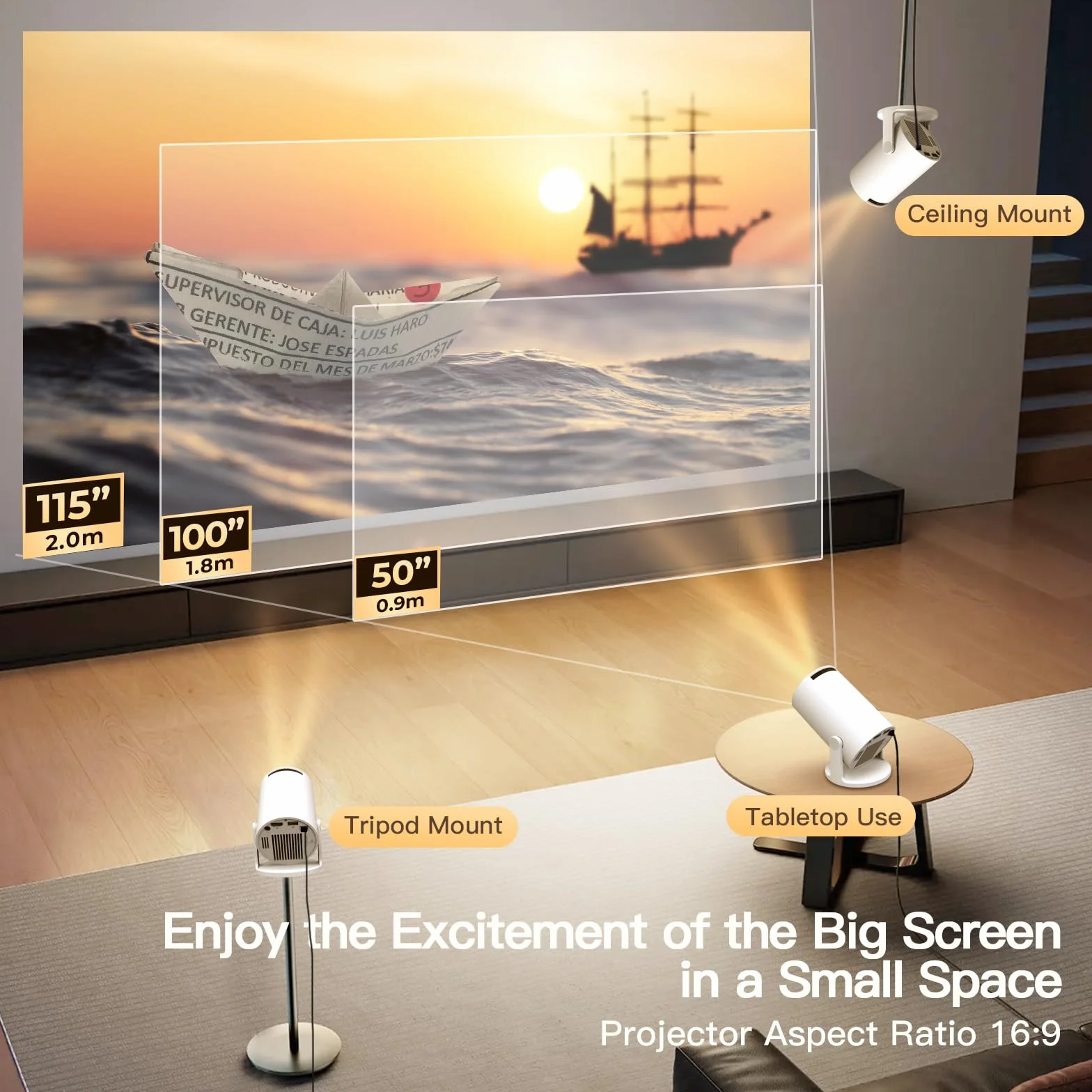 Vidéoprojecteur Wi-Fi 6 Bluetooth 5.4 4K Full HD Android 14 Auto Keystone Projecteur HDMI iPhone USB Blanc
