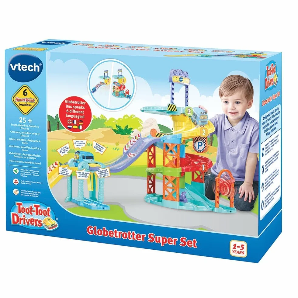 VTech Tut Tut Bolides Globetrotter Super Set Bus Globe-Trotteur Multilingue Circuit Voitures 6 Zones Magiques