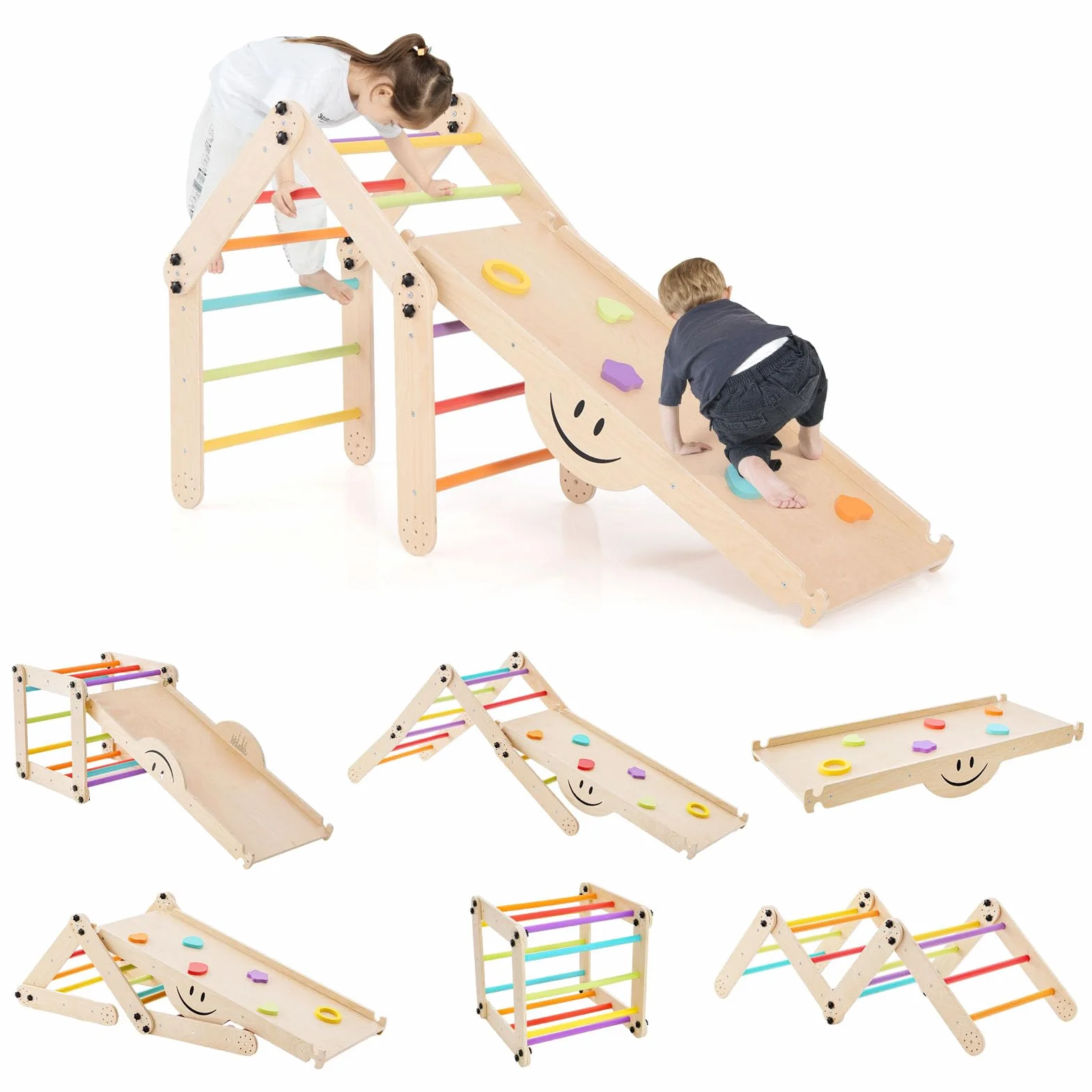 GOPLUS 7 en 1 Triangle Escalade Enfant Montessori en Bois avec Échelle Modulable, Rampe d'escalade Réversible, Charge 60KG
