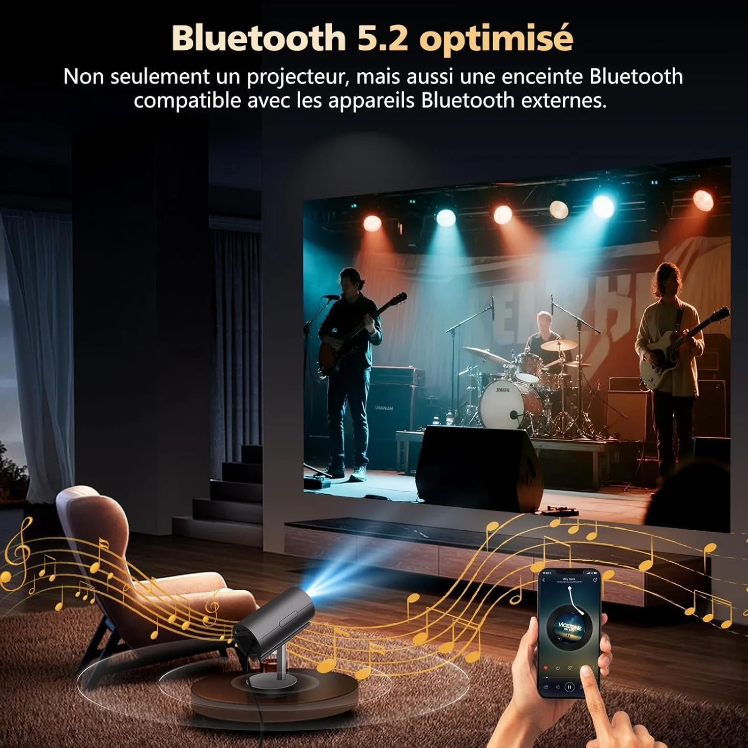 Vidéoprojecteur 4K VGKE Auto Focus Keystone Mini Projecteur Portable WiFi6 Bluetooth Full HD avec Pied Télescopique Rotatif 90°