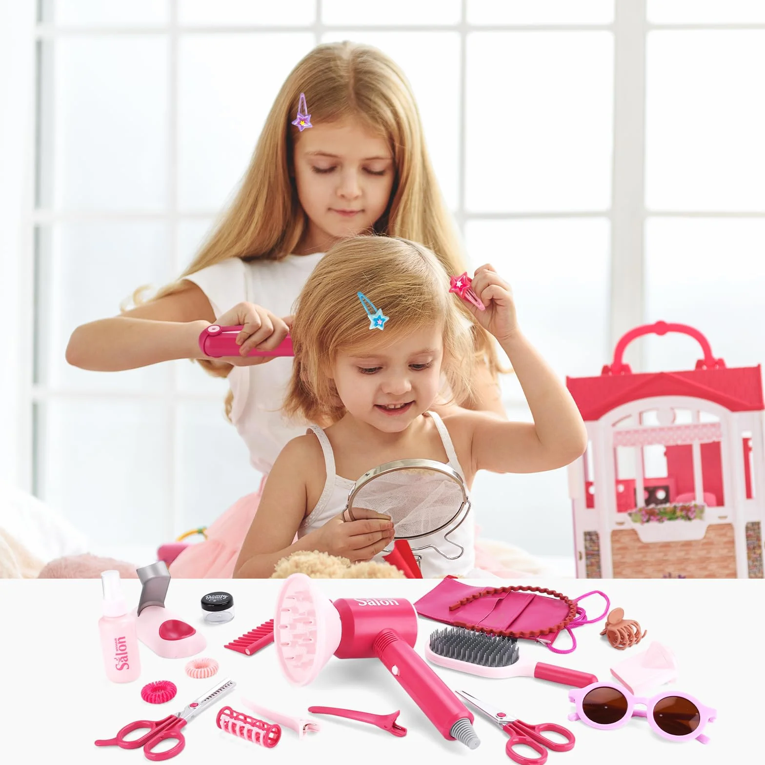 Ensemble de Salon de Beauté 25 Pièces Jouets de Coiffure pour Filles 3-7 Ans Rose
