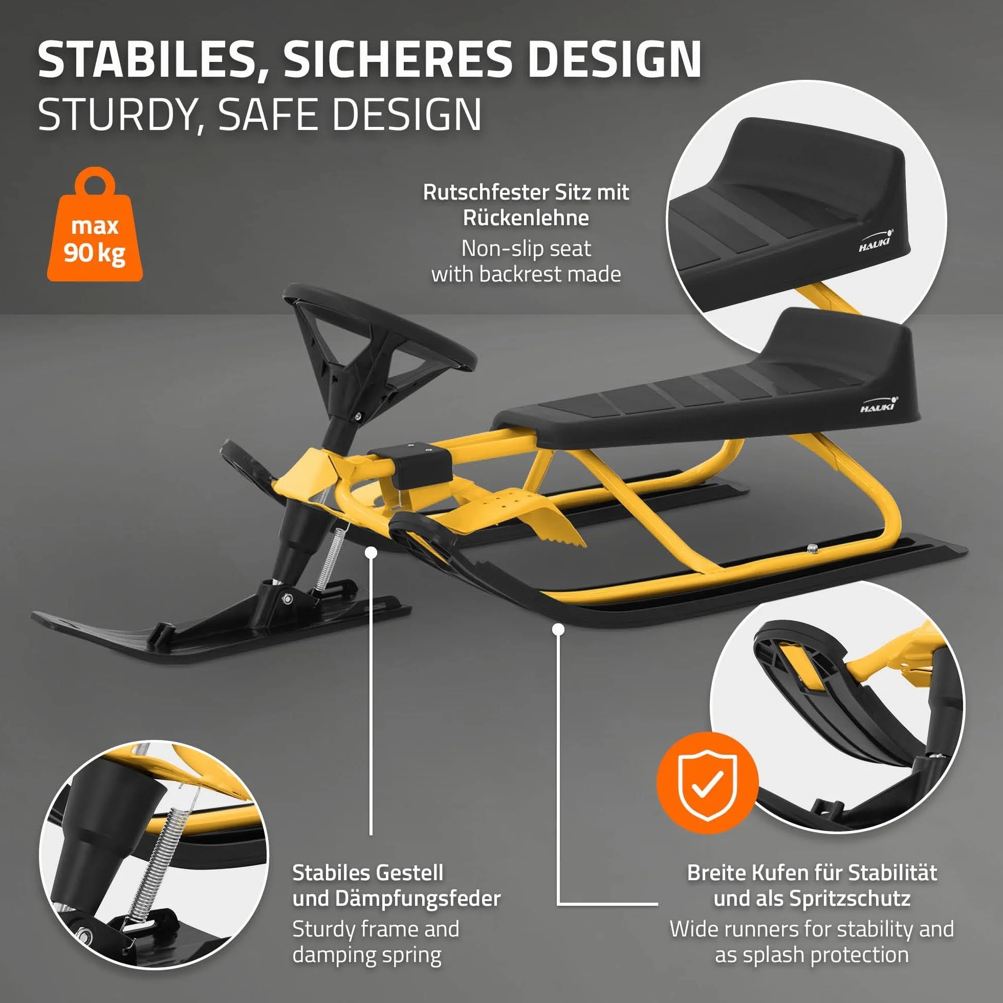 ECD Germany Lenkschlitten, Kinderschlitten Rodel AB 5 Jahre, Skibob für Kinder und Erwachsene BIS 90 kg, Schlitten mit Lenkrad, Fußbremse, Zugseil, Sitz mit Rückenlehne, Stahlrahmen, 119 x 38 x 50 cm