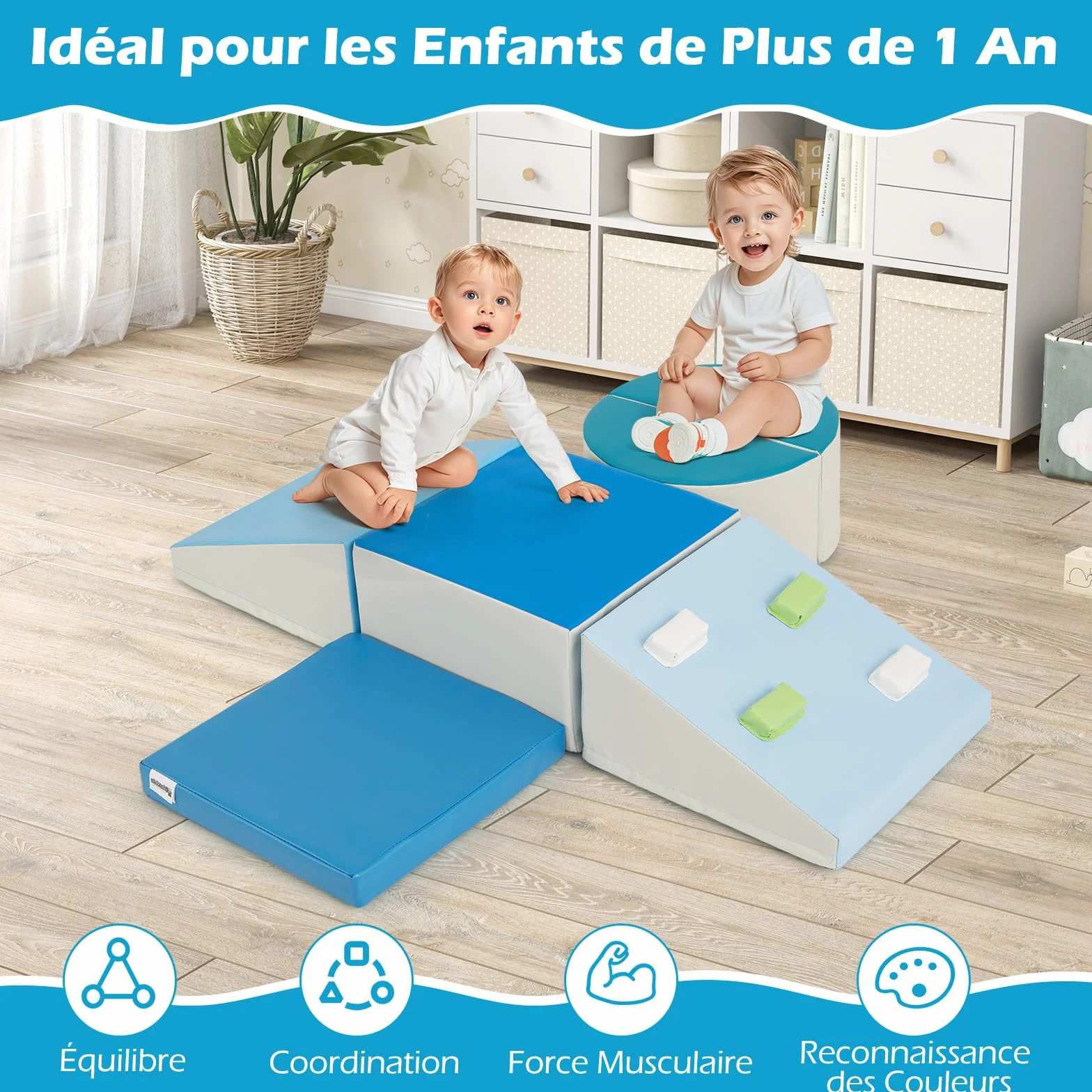 COSTWAY Parcours Motricité Bébé Mousse Housse PU Roches Escalade Attaches Crochets Jouets Éducatifs Ramper Grimper 12 Mois+ Bleu