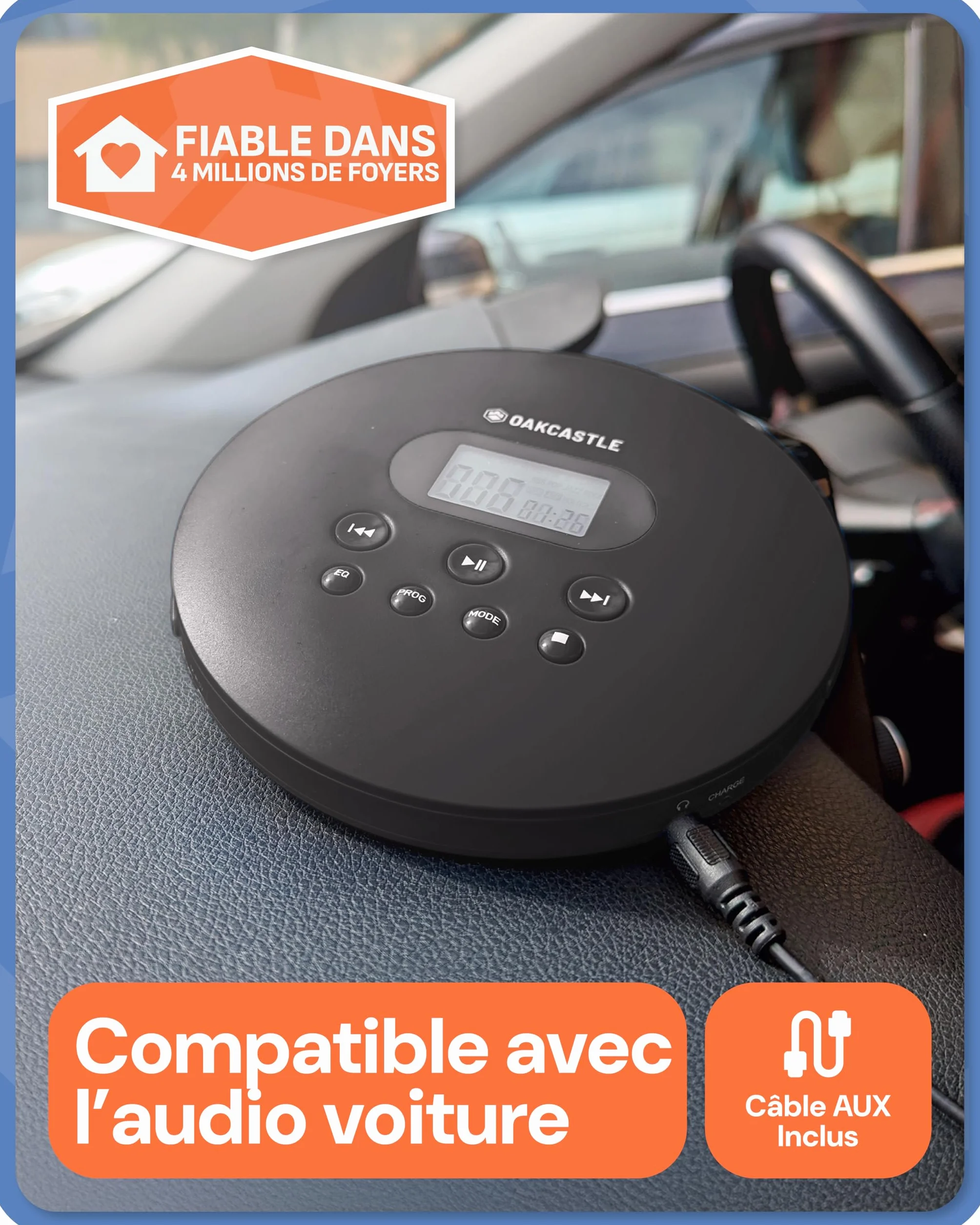 OAKCASTLE CD100 Lecteur CD Portable Bluetooth avec Batterie Rechargeable 12 Heures Antichoc