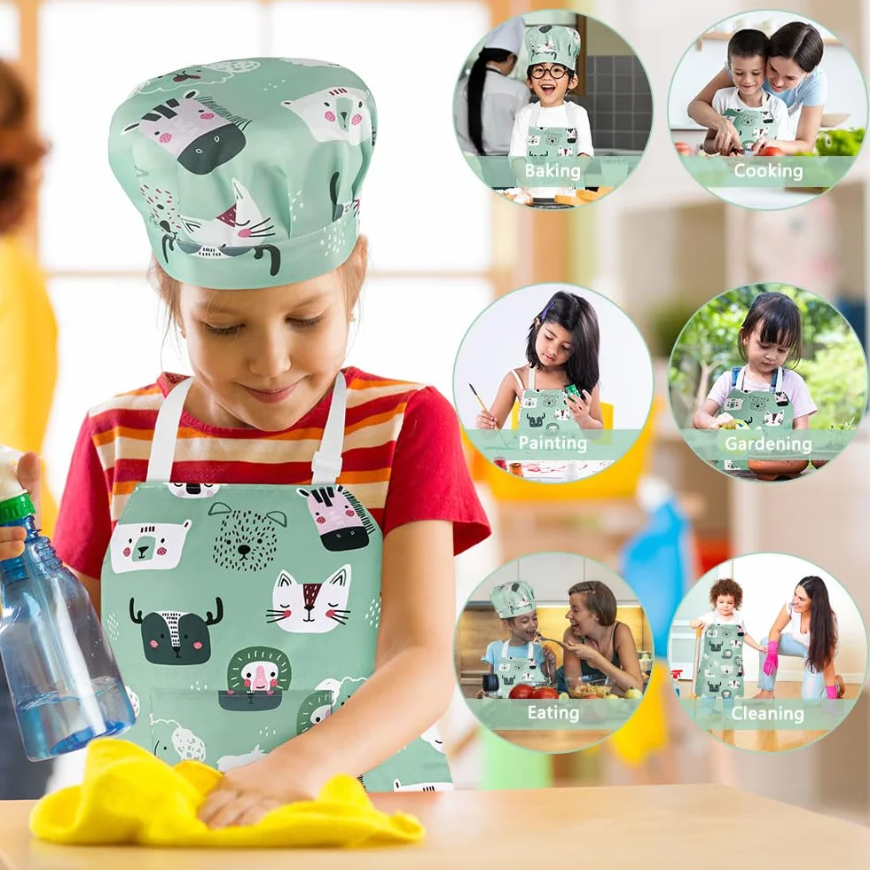 Tablier de Cuisine Enfant avec Toque Réglable Poches Filles Garçons Cuisson Peinture Artisanat
