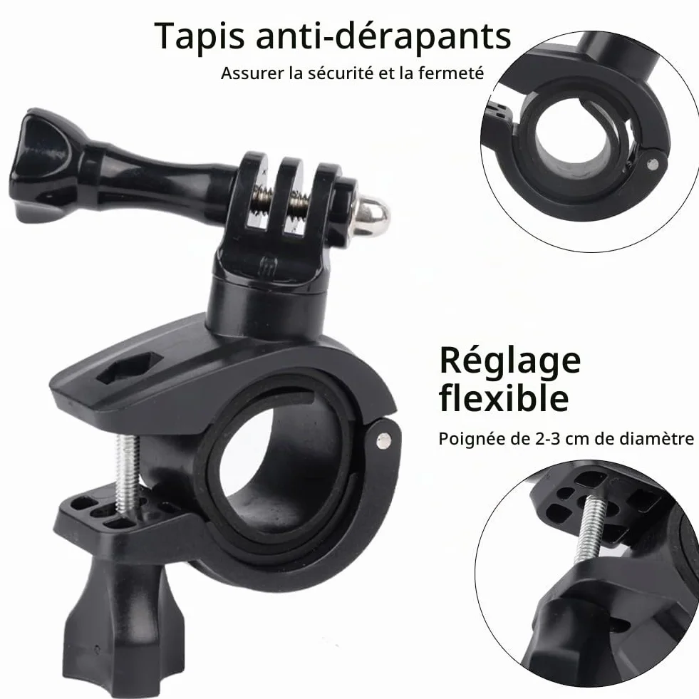 Support Universel pour Caméra d'action sur Guidon Vélo/Moto, Fixation Stable avec Clip Anti-Vibration pour Go Pro & Caméras Sport