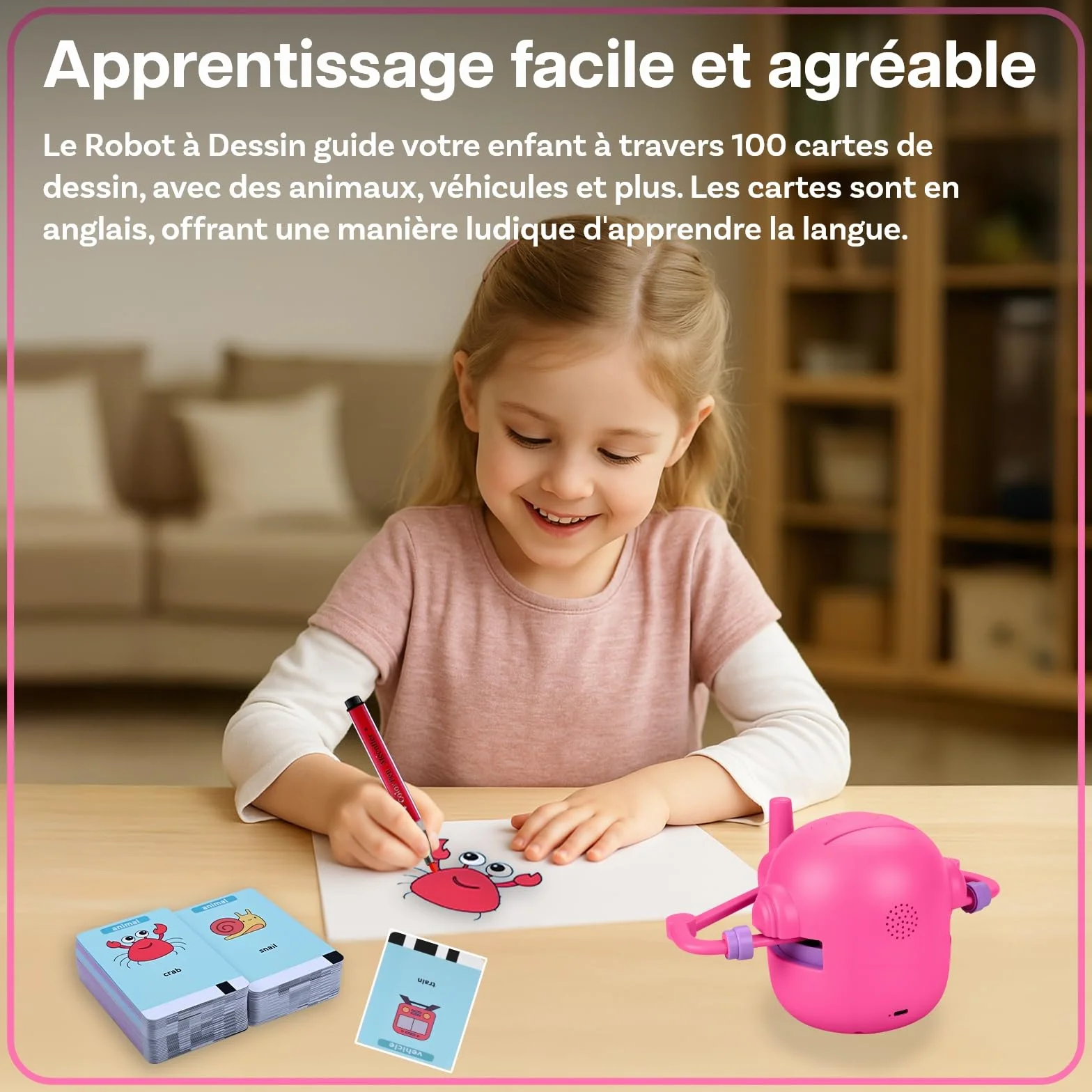 Robot de Dessin pour Enfants MMOBIEL Pictobot Jouet Éducatif Interactif 100 Cartes de Dessin Guide Vocal 12 Feutres Colorés Batterie USB-C Cadeau Filles Garçons 3-9 Ans Rose