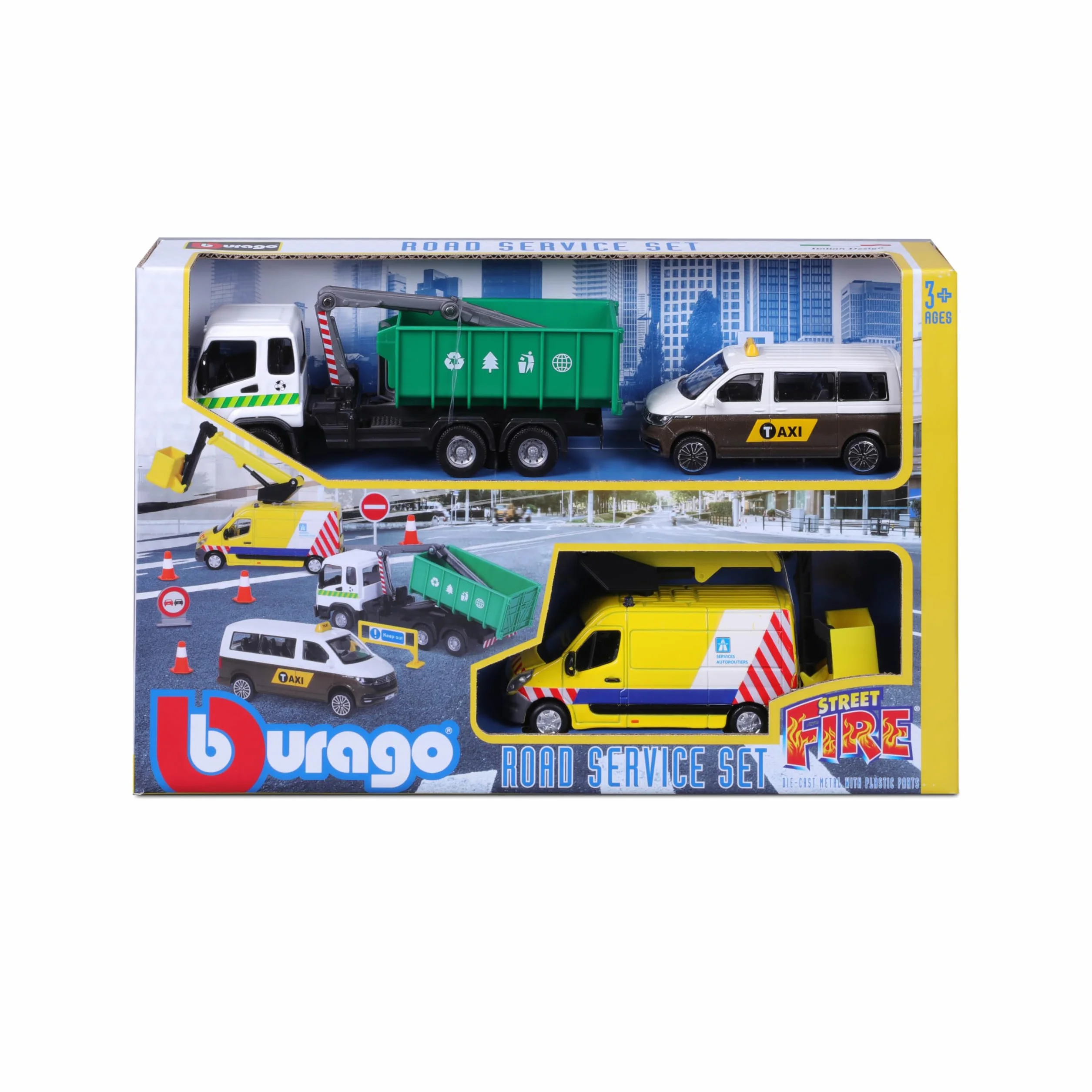 Bburago 1/43 Street Fire City Services Playset 3 véhicules 8 accessoires