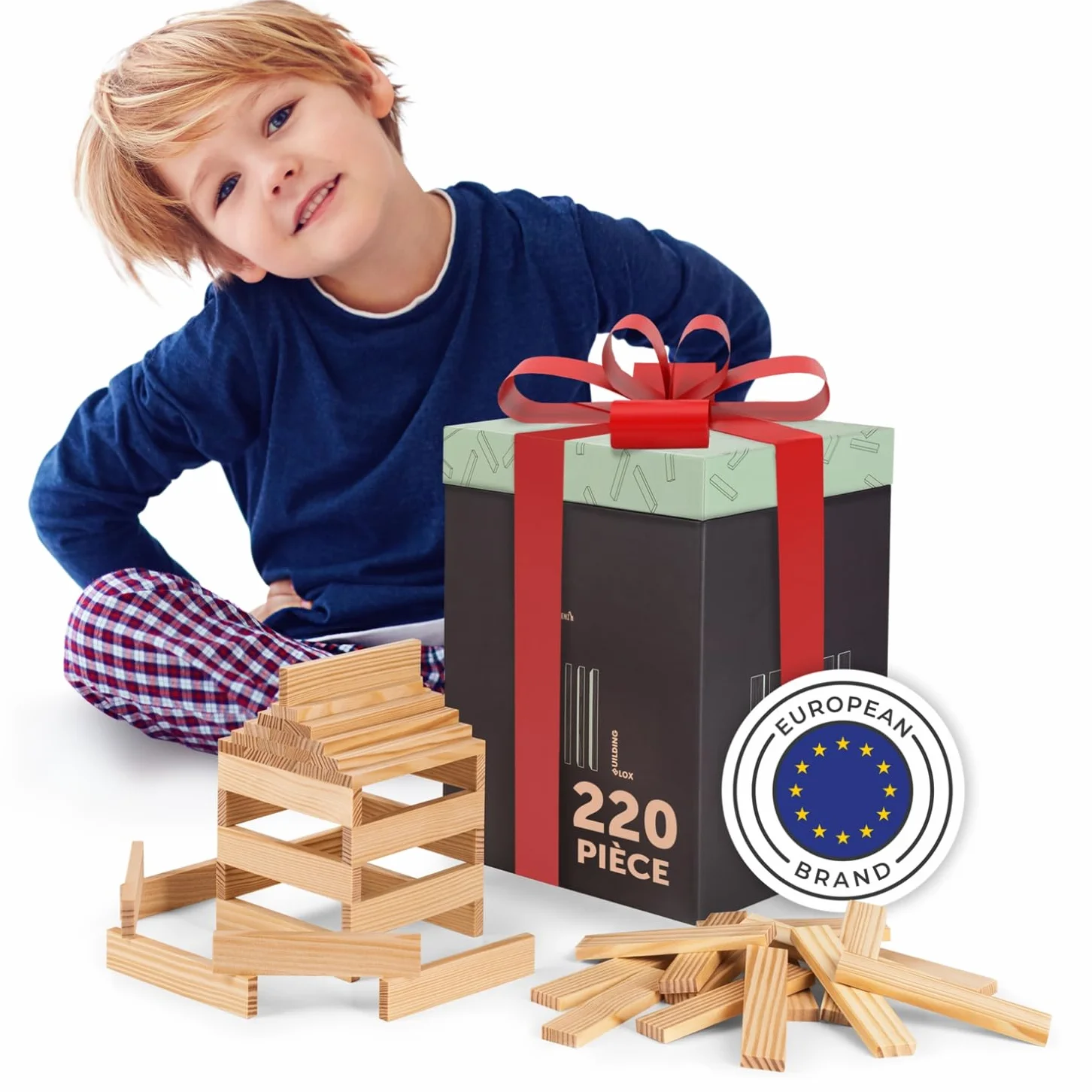Jeux de Construction en Bois 220 Planchettes Pin Non Traité Cubes à Empiler Enfant