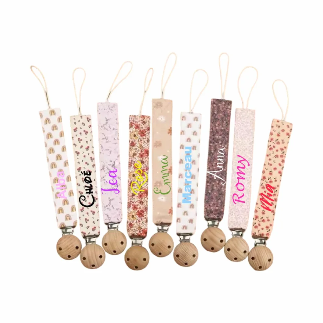 Attache tétine personnalisé prénom coton bio bois motif fleurs