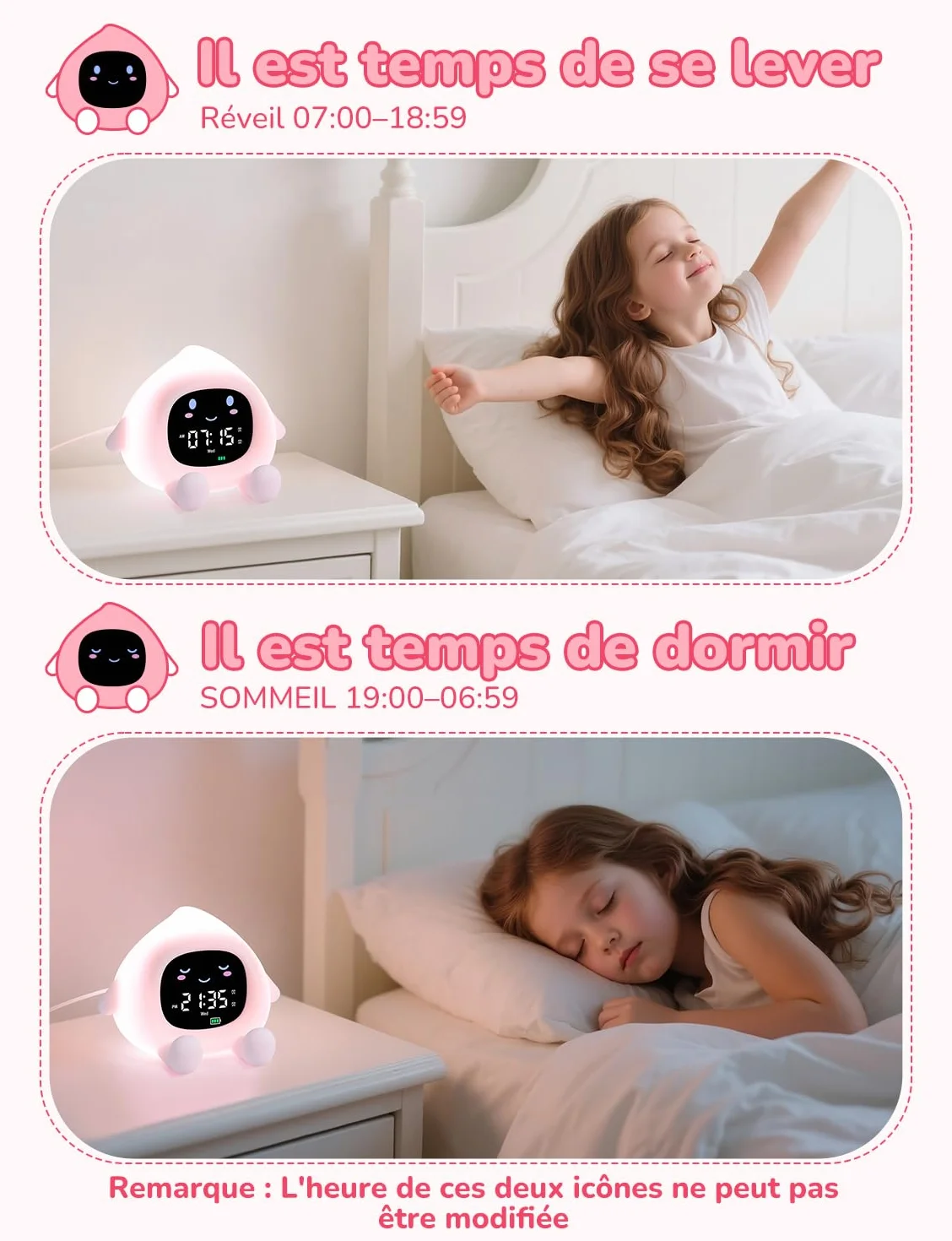 YISSVIC Réveil Enfant Educatif Jour/Nuit 2 Alarme Luminosité Réglable 12/24 Heure Snooze Lumineux 7 Couleurs 30s Arrêt Automatique 10 Chansons Bruit Blanc