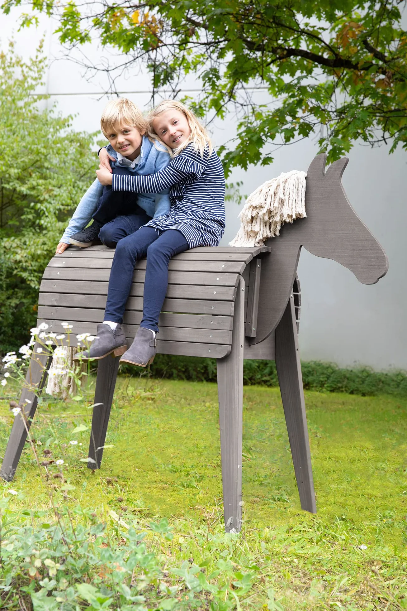 Cheval d'Équitation en Bois Massif pour Enfants - Hauteur d'Assise 89 cm - Teinté Gris