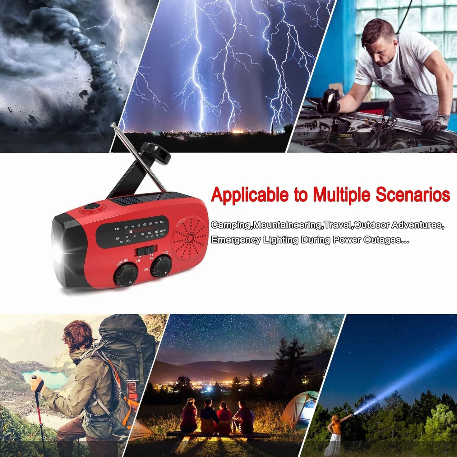 Radio solaire d'urgence portable 2000 mAh avec alarme SOS et chargeur USB