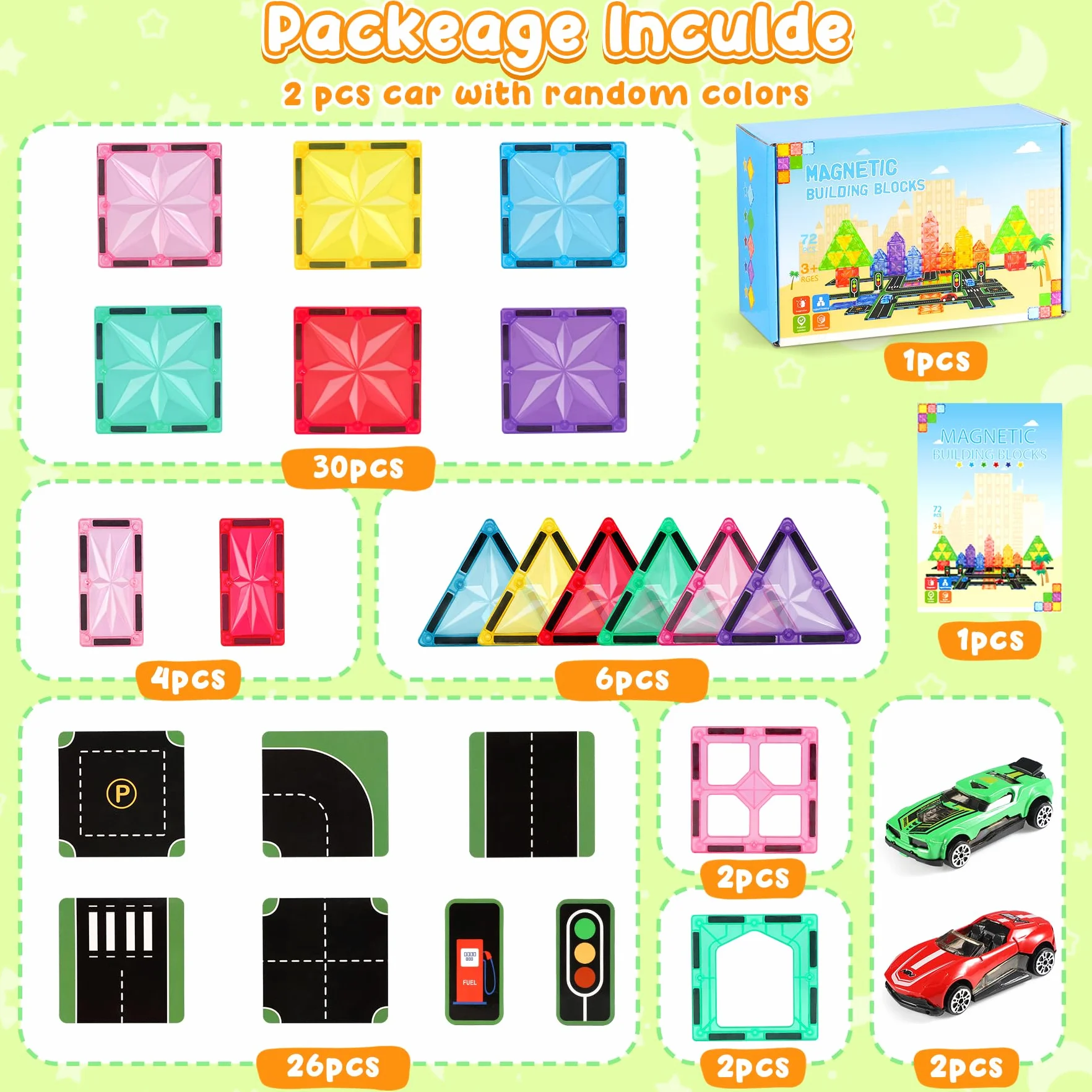 Blocs de Construction Magnétiques 72 Pièces Enfant Jeux Cadeaux 3-8 Ans