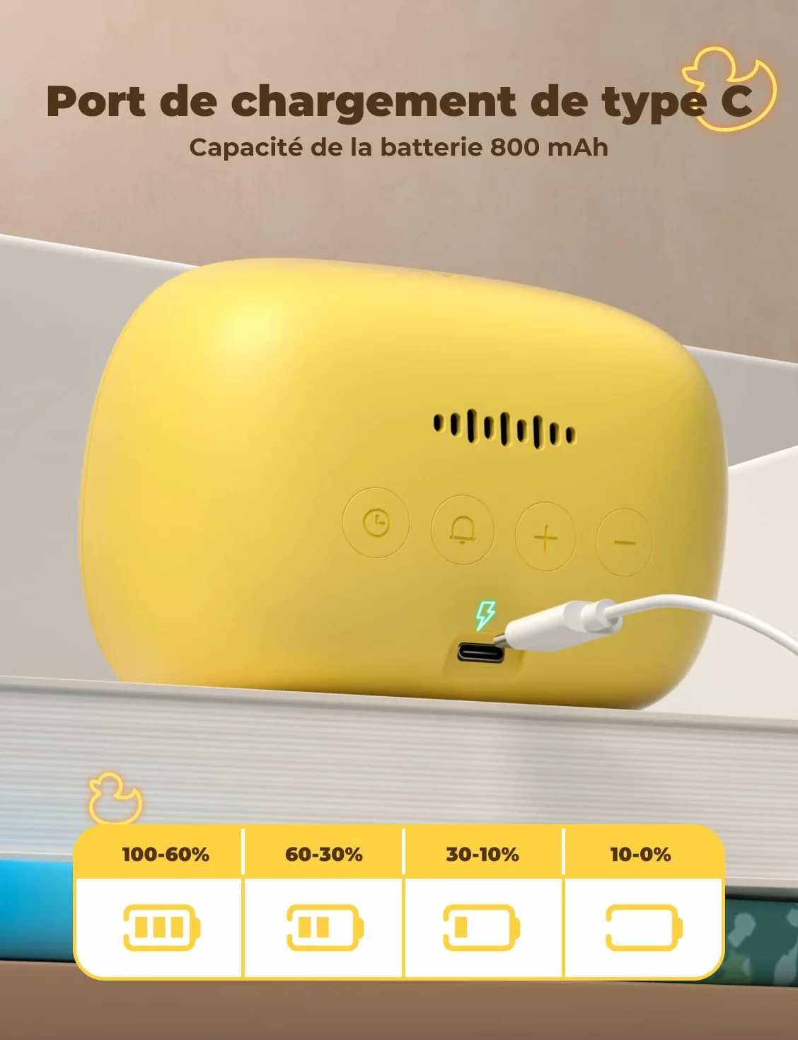YISSVIC Réveil Enfant Numérique 3 Alarmes 12/24 Heure Snooze Minuterie Affichage Semaine Type C Rechargeable Forme Canard
